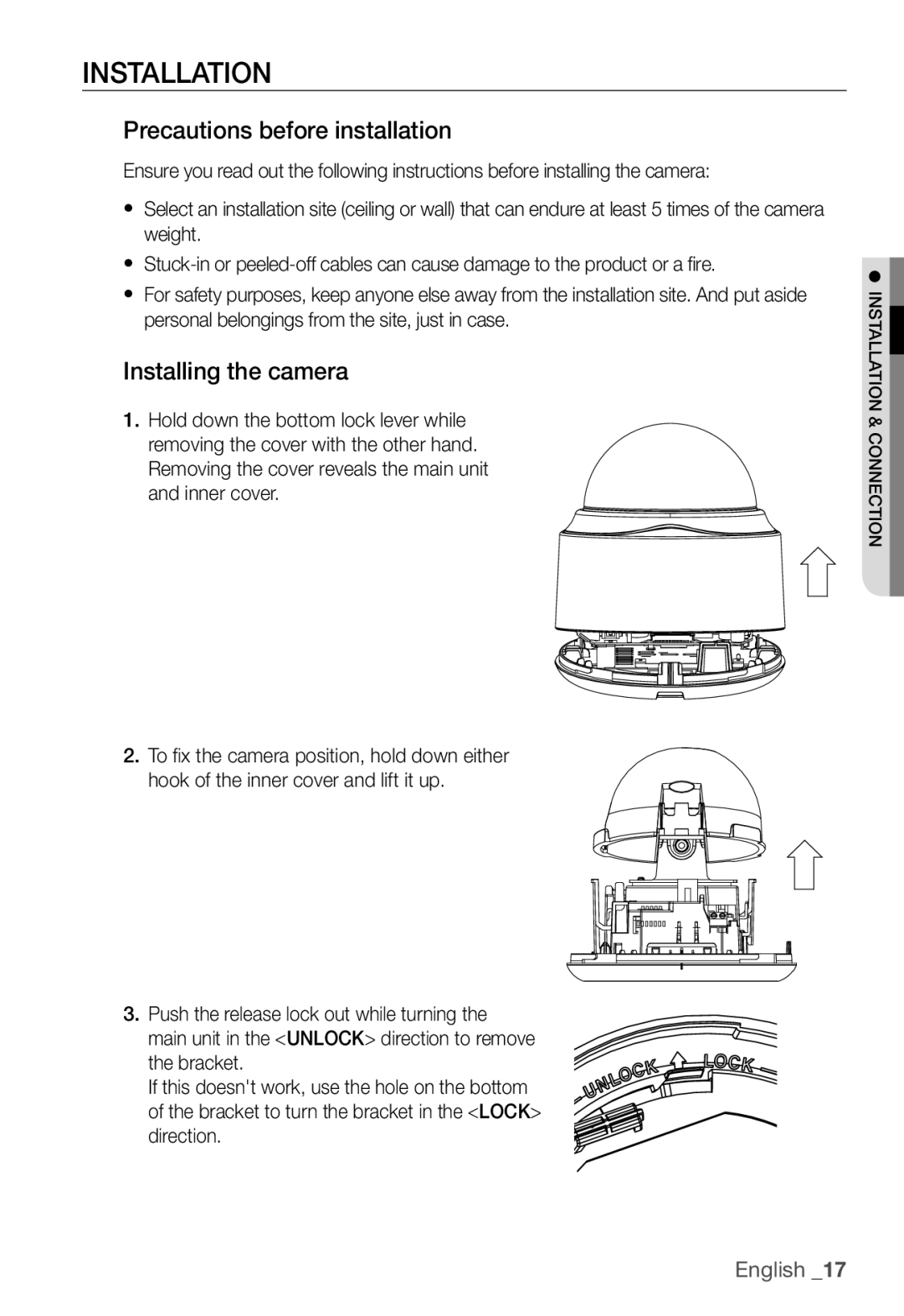 Samsung SNC-B5368P user manual Installation, Precautions before installation, Installing the camera 