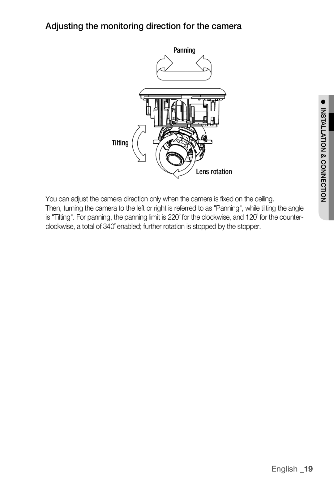 Samsung SNC-B5368P user manual Adjusting the monitoring direction for the camera 