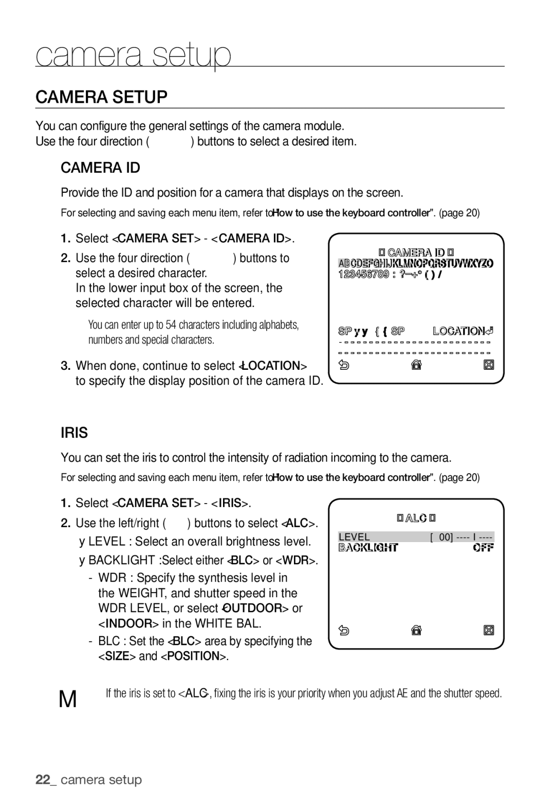 Samsung SNC-B5368P user manual Camera Setup, Camera ID, Iris, Backlight Select either BLC or WDR 