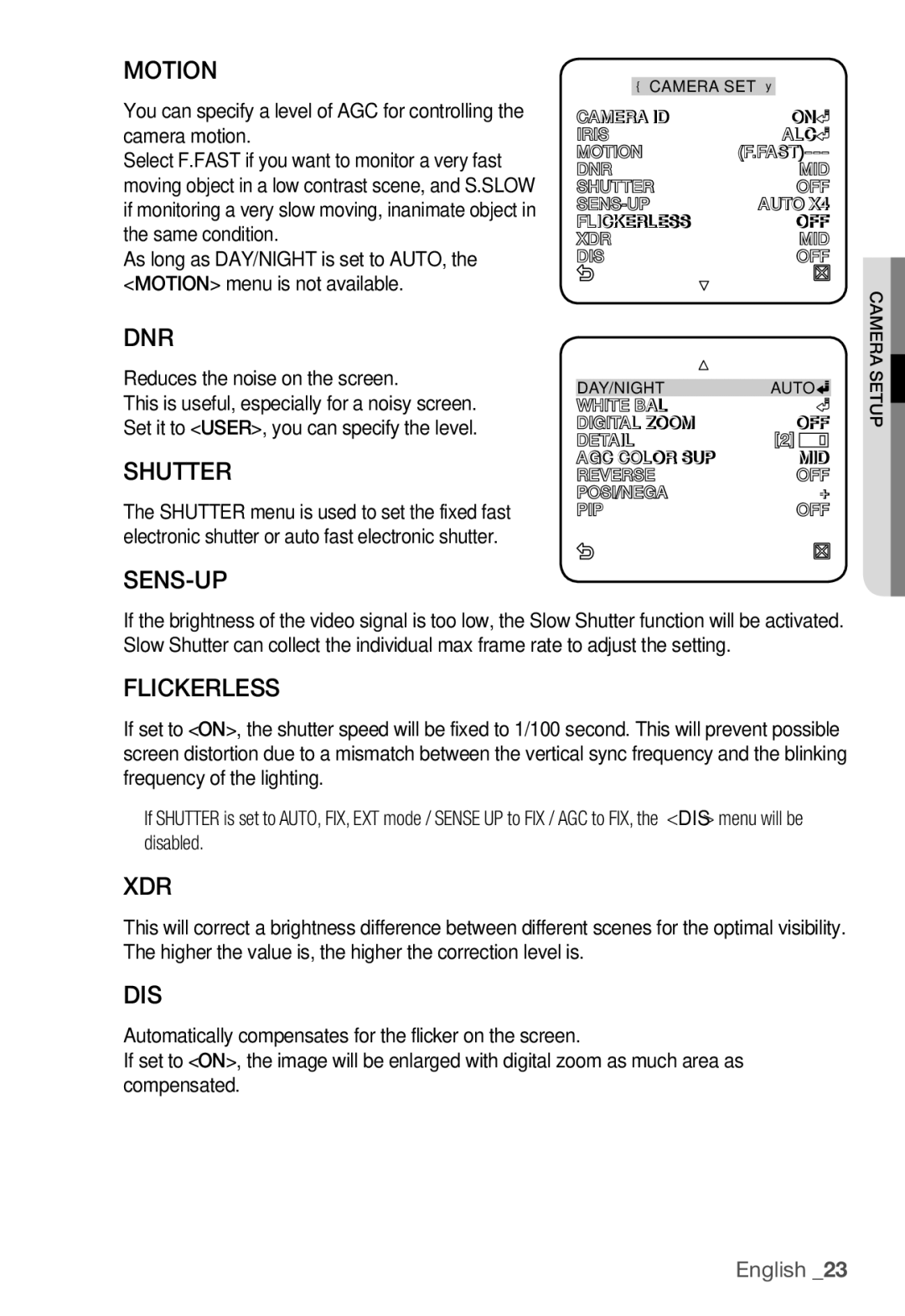 Samsung SNC-B5368P user manual Motion, Dnr, Shutter, Sens-Up, Flickerless, Xdr, Dis 