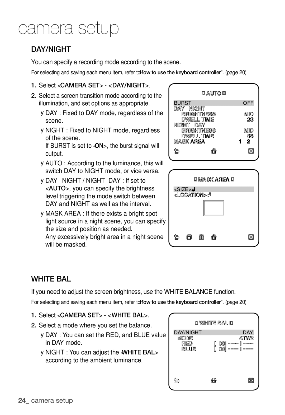 Samsung SNC-B5368P user manual Day/Night, White BAL, You can specify a recording mode according to the scene 