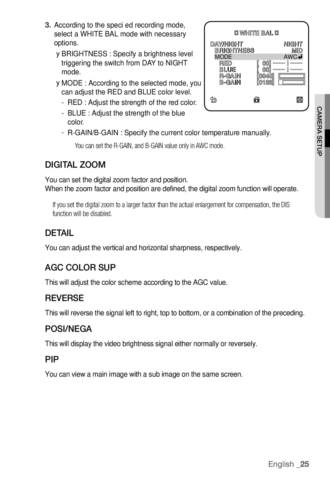 Samsung SNC-B5368P user manual Digital Zoom, Detail, AGC Color SUP, Reverse, Posi/Nega, Pip 