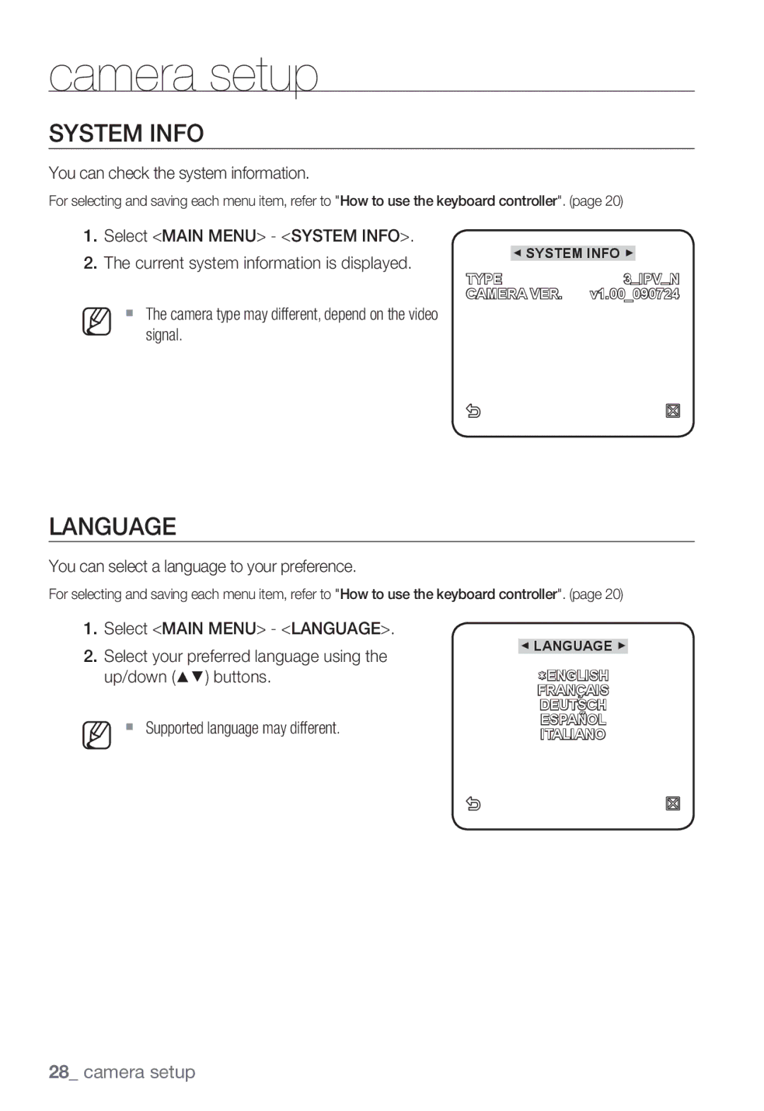 Samsung SNC-B5368P user manual System Info, Language, You can check the system information 