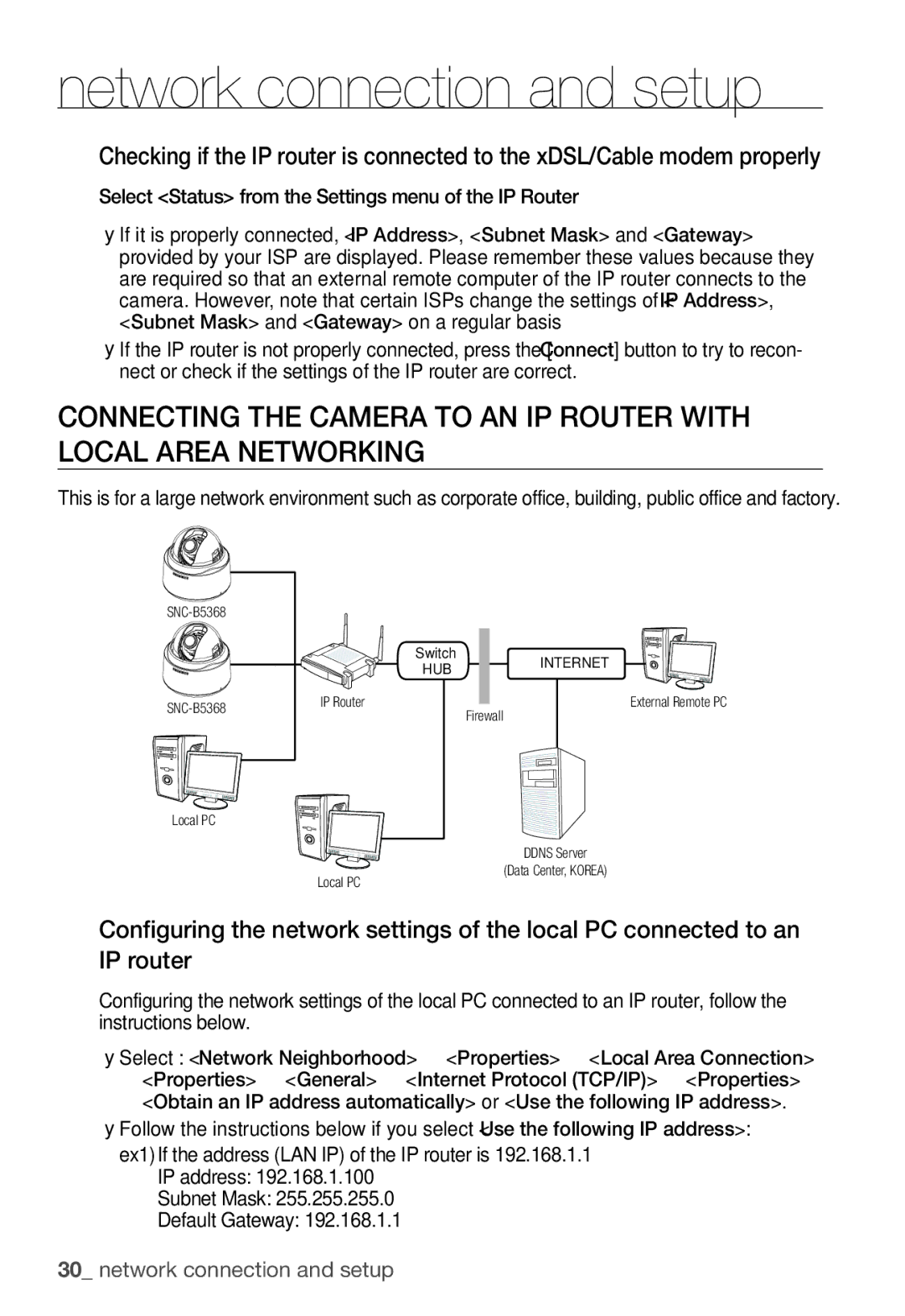 Samsung SNC-B5368P user manual Network connection and setup, Select Status from the Settings menu of the IP Router 