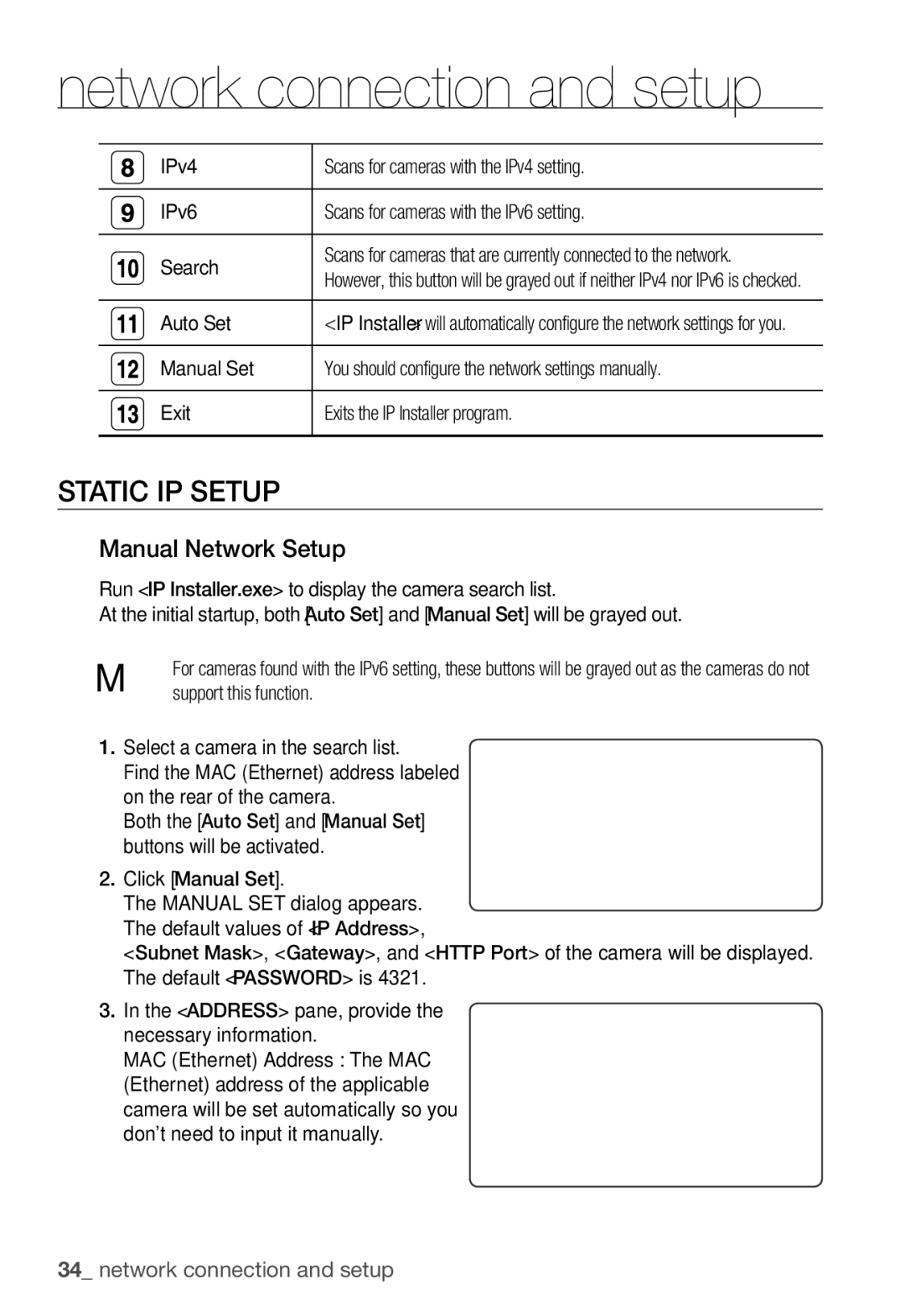 Samsung SNC-B5368P user manual Static IP Setup, Manual Network Setup, Auto Set 