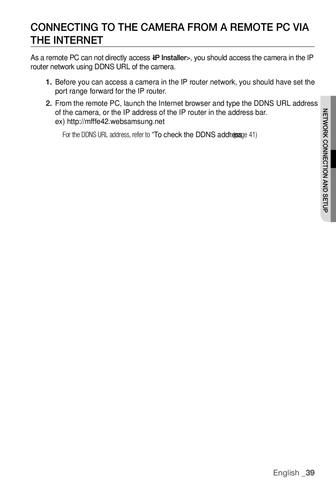 Samsung SNC-B5368P user manual Connecting to the Camera from a Remote PC VIA the Internet, Ex http//mfffe42.websamsung.net 