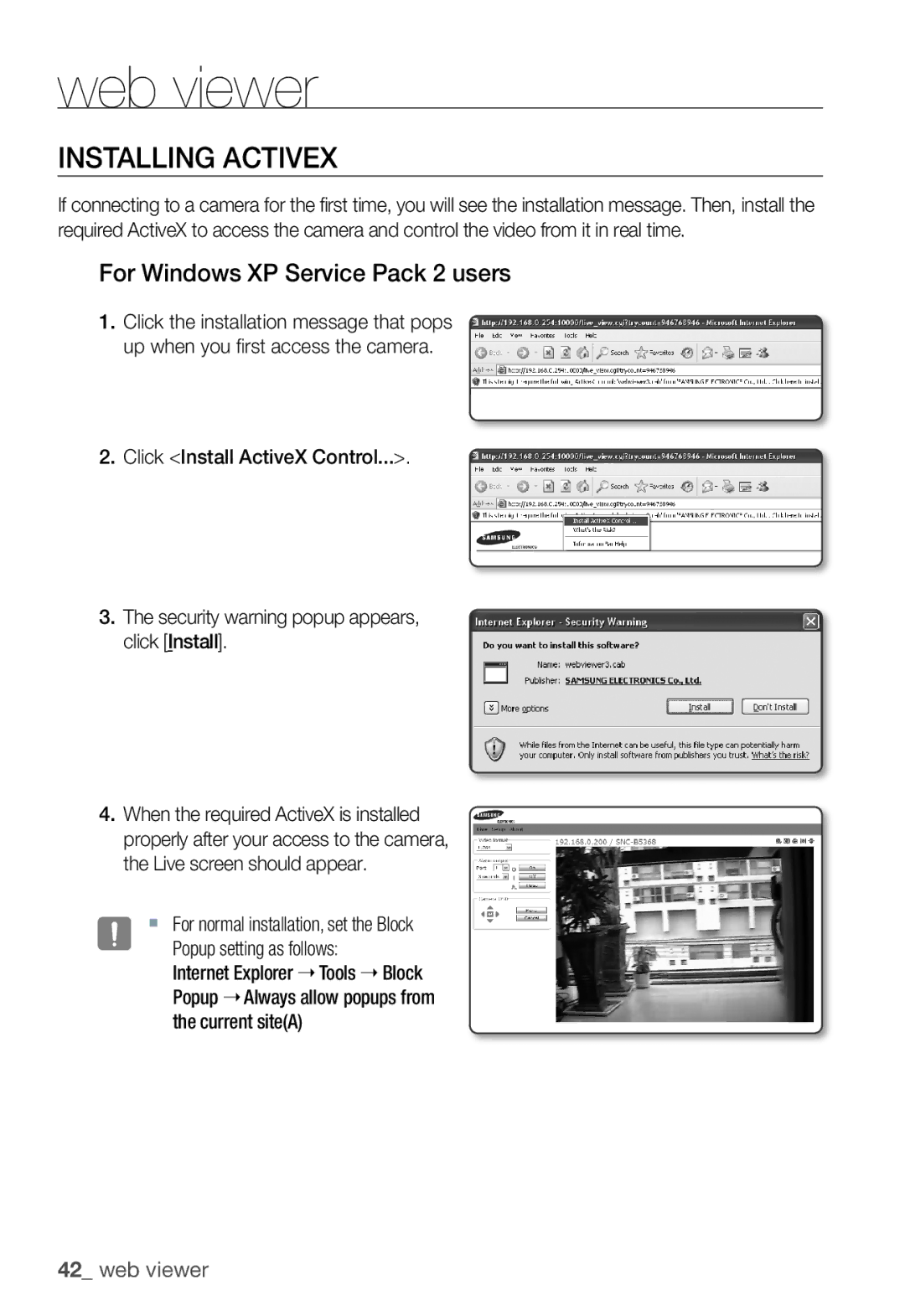 Samsung SNC-B5368P user manual Installing Activex, For Windows XP Service Pack 2 users 