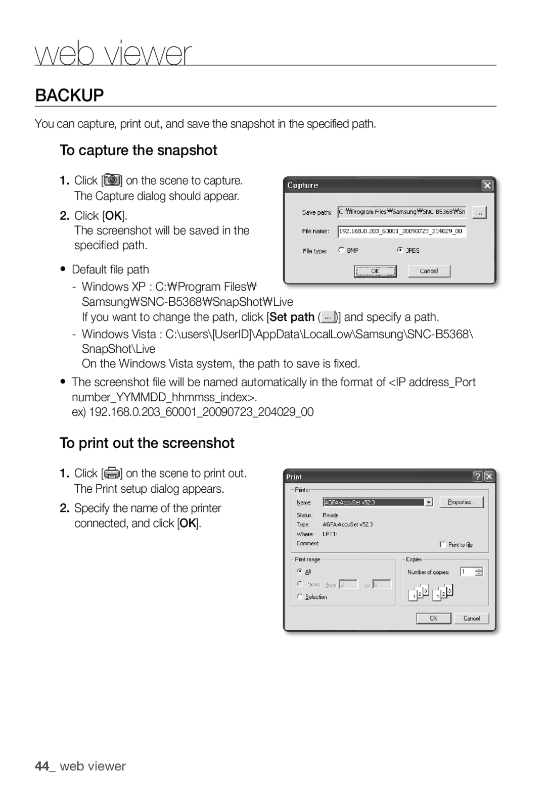 Samsung SNC-B5368P user manual Backup, To capture the snapshot, To print out the screenshot 