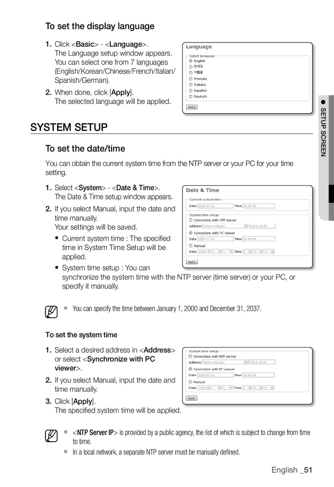 Samsung SNC-B5368P user manual System Setup, To set the display language, To set the date/time, Click Basic Language 