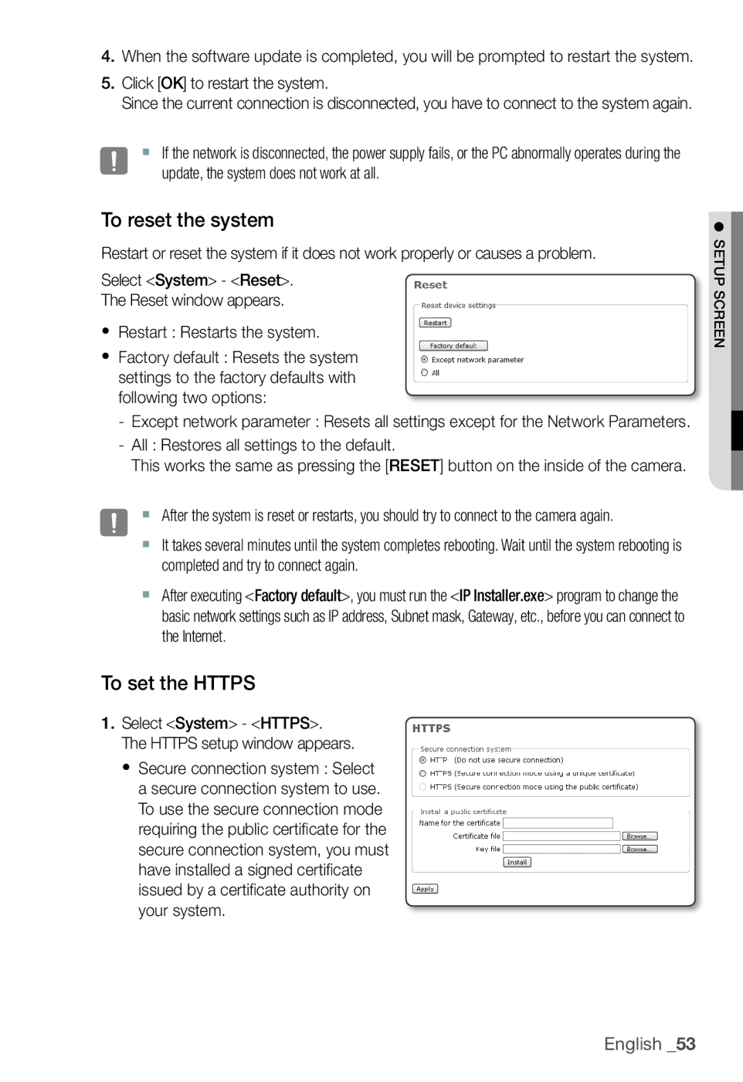 Samsung SNC-B5368P user manual To reset the system, To set the Https, Click OK to restart the system 