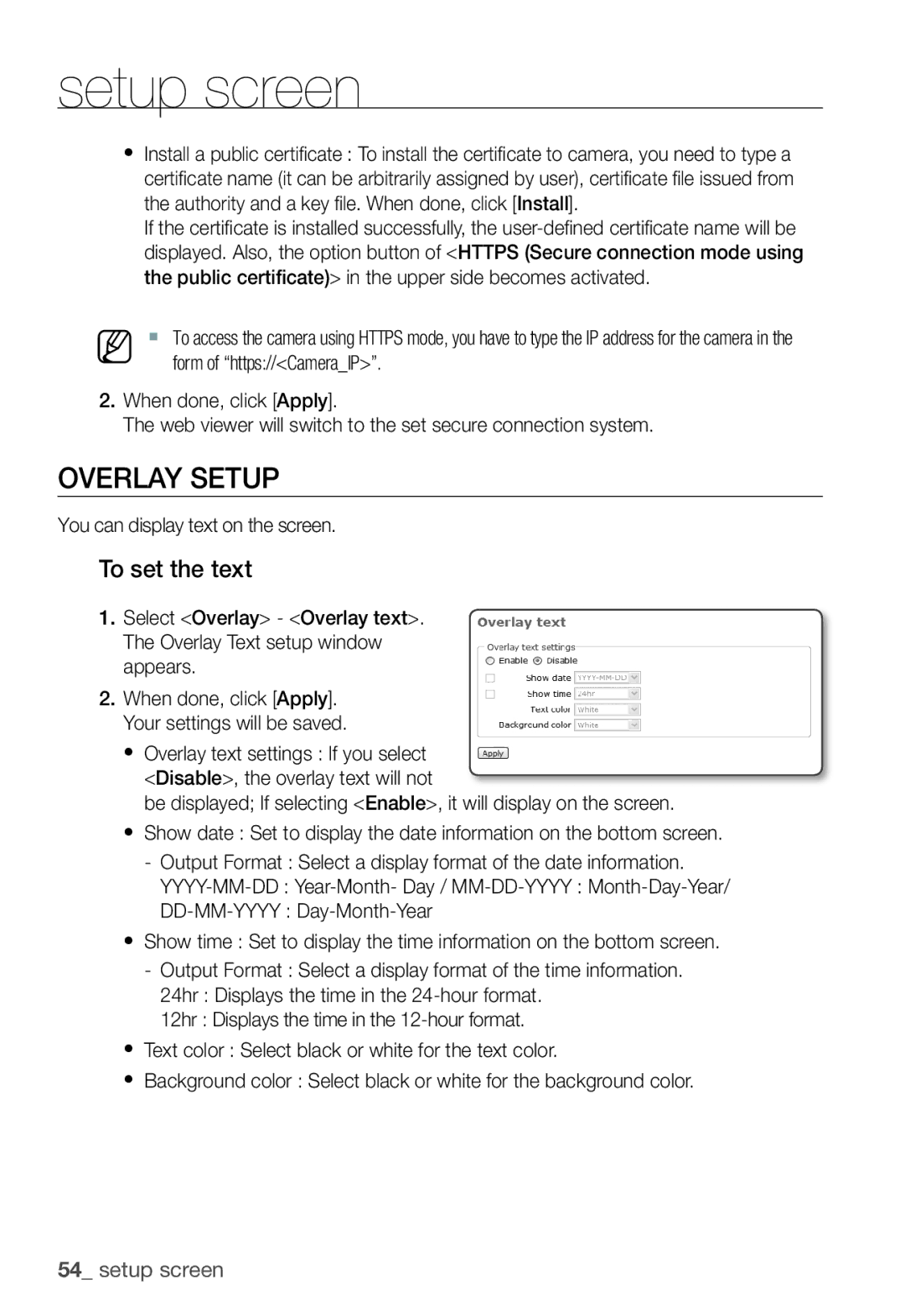 Samsung SNC-B5368P user manual Overlay Setup, To set the text, You can display text on the screen 