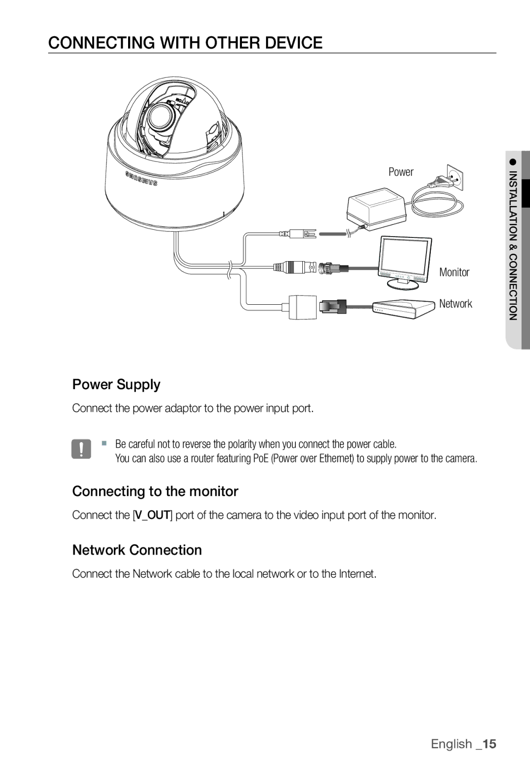 Samsung SNC-B5368P manual Connecting with Other Device, Power Supply, Connecting to the monitor, Network Connection 