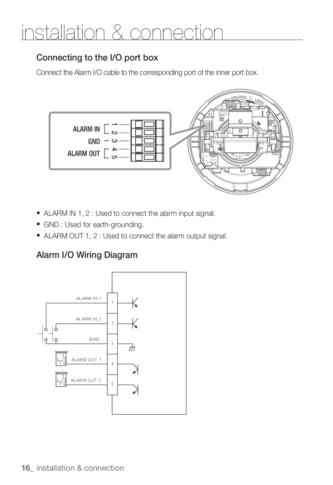 Samsung SNC-B5368P manual Connecting to the I/O port box, Alarm I/O Wiring Diagram, Alarm GND Alarm OUT 