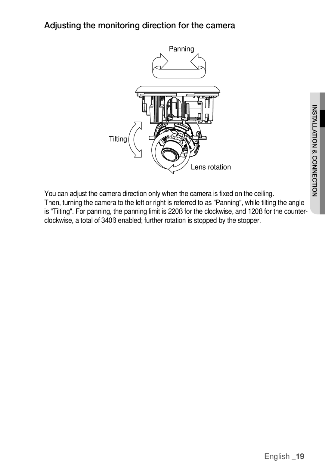 Samsung SNC-B5368P manual Adjusting the monitoring direction for the camera 