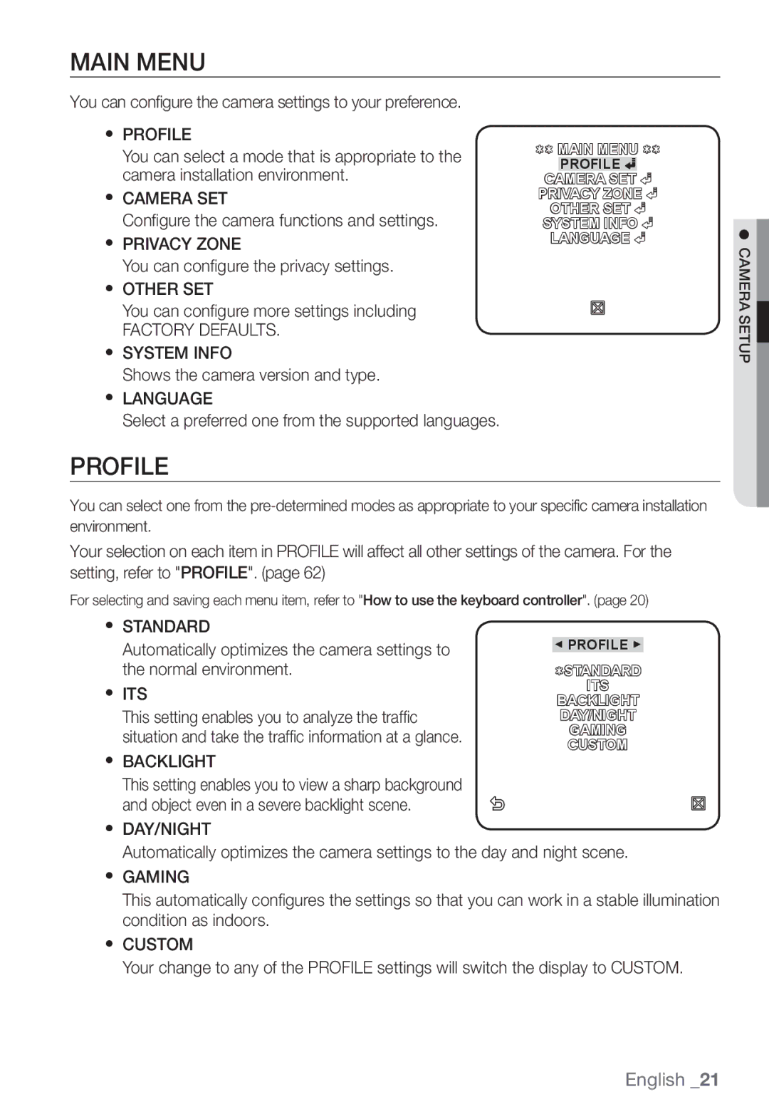 Samsung SNC-B5368P manual Main Menu, Profile, Factory Defaults 