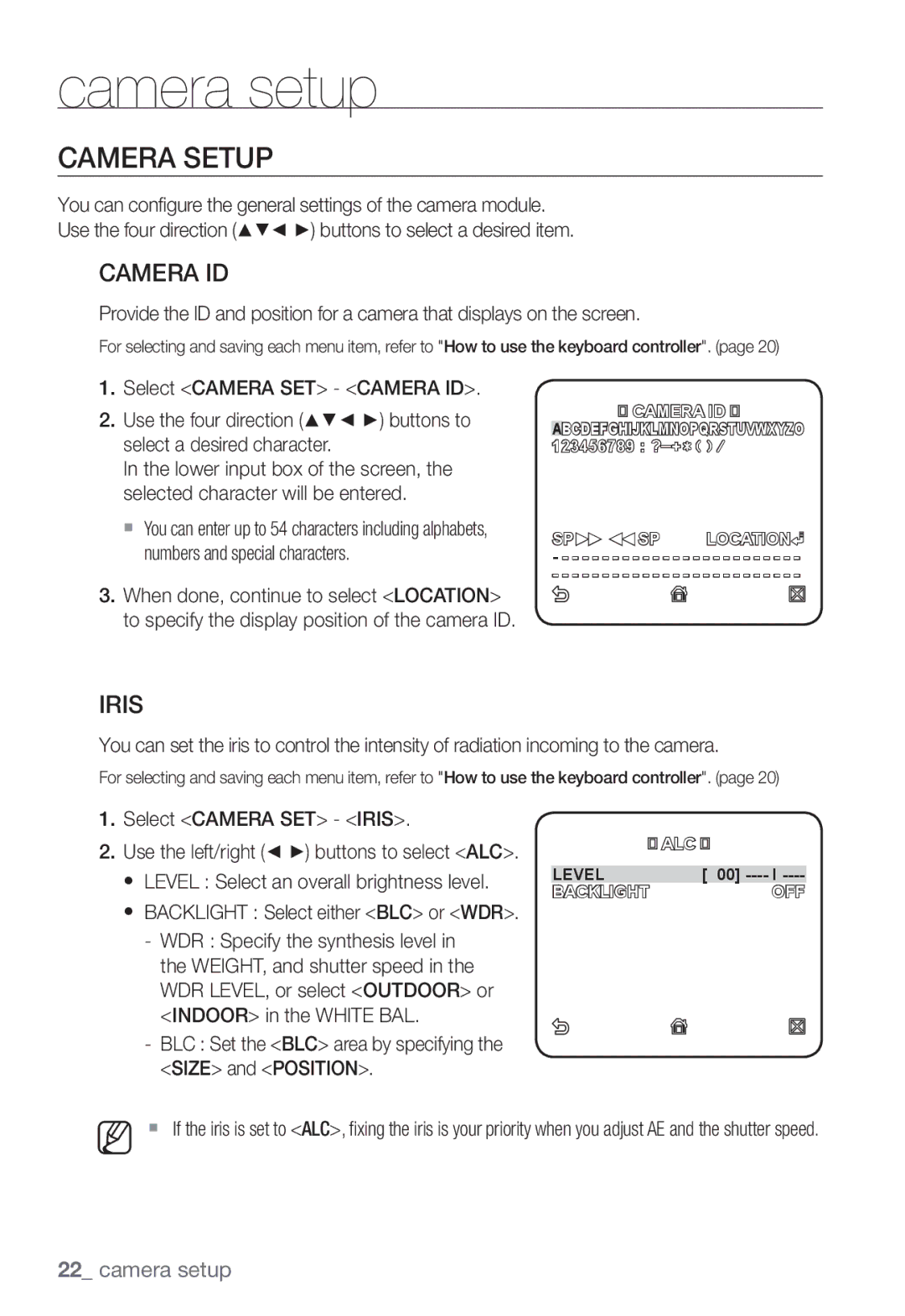 Samsung SNC-B5368P manual Camera Setup, Camera ID, Iris, Backlight Select either BLC or WDR 