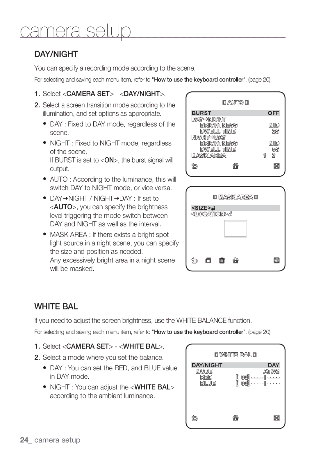 Samsung SNC-B5368P manual Day/Night, White BAL, You can specify a recording mode according to the scene 