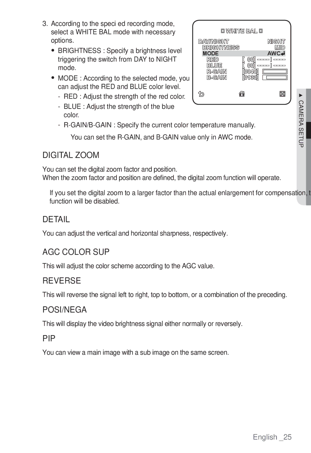 Samsung SNC-B5368P manual Digital Zoom, Detail, AGC Color SUP, Reverse, Posi/Nega, Pip 