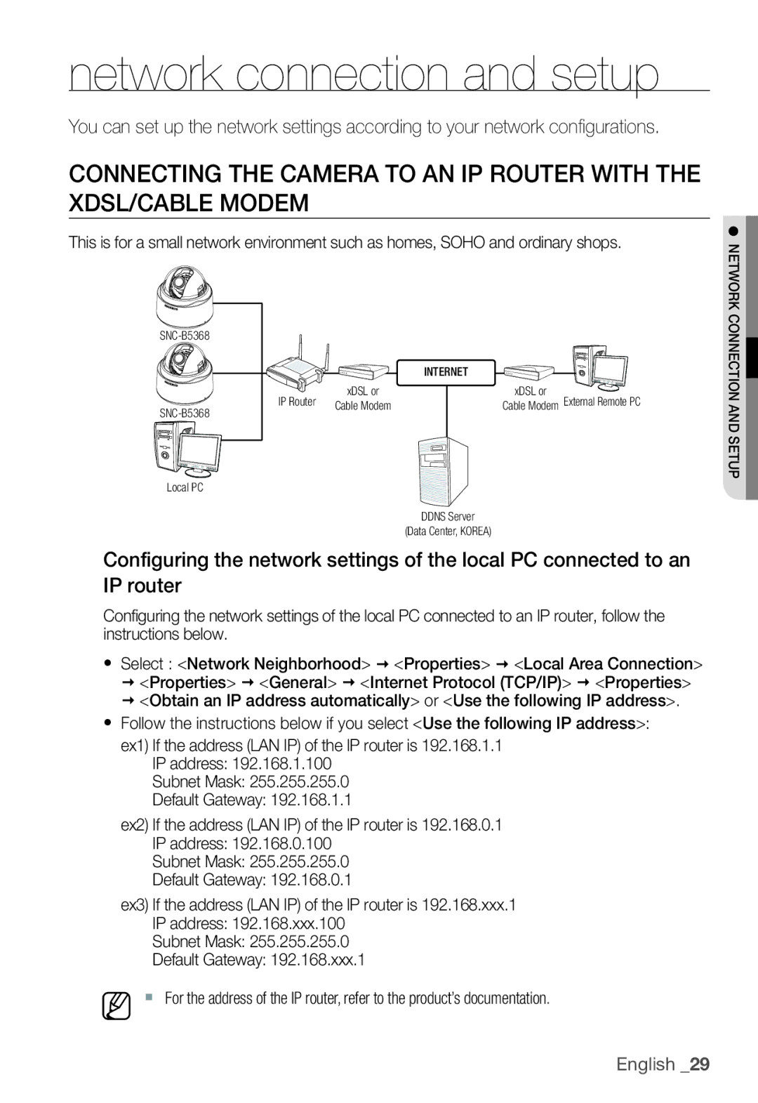 Samsung SNC-B5368P manual Network connection and setup 