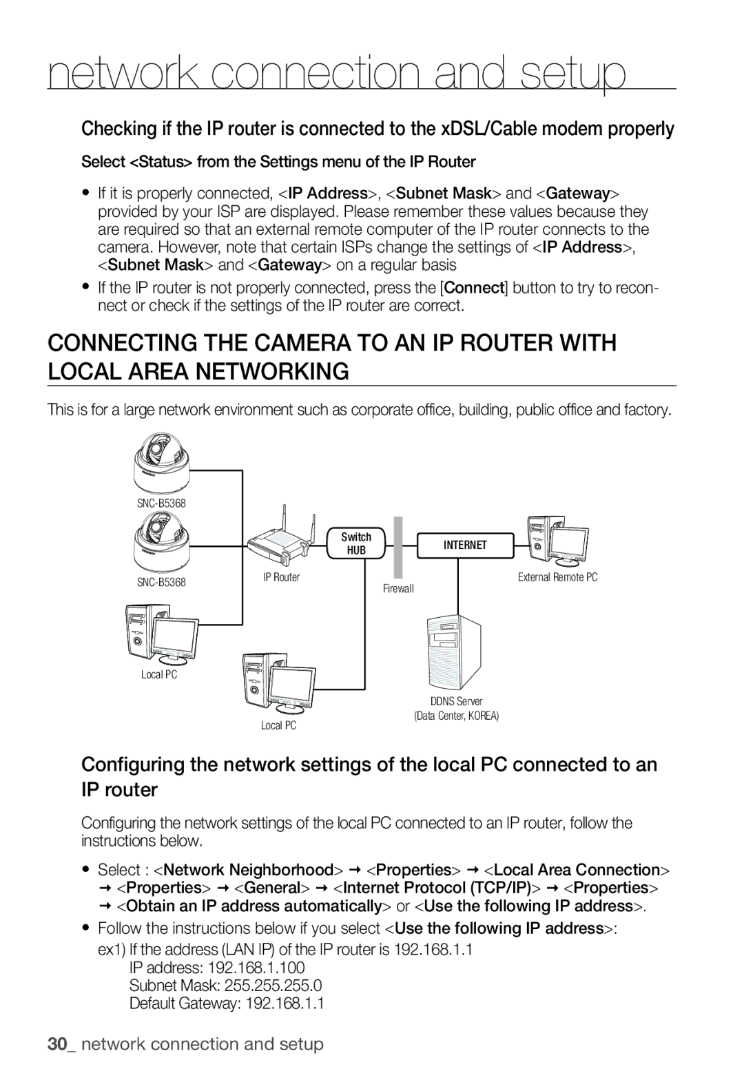 Samsung SNC-B5368P manual Network connection and setup, Select Status from the Settings menu of the IP Router 