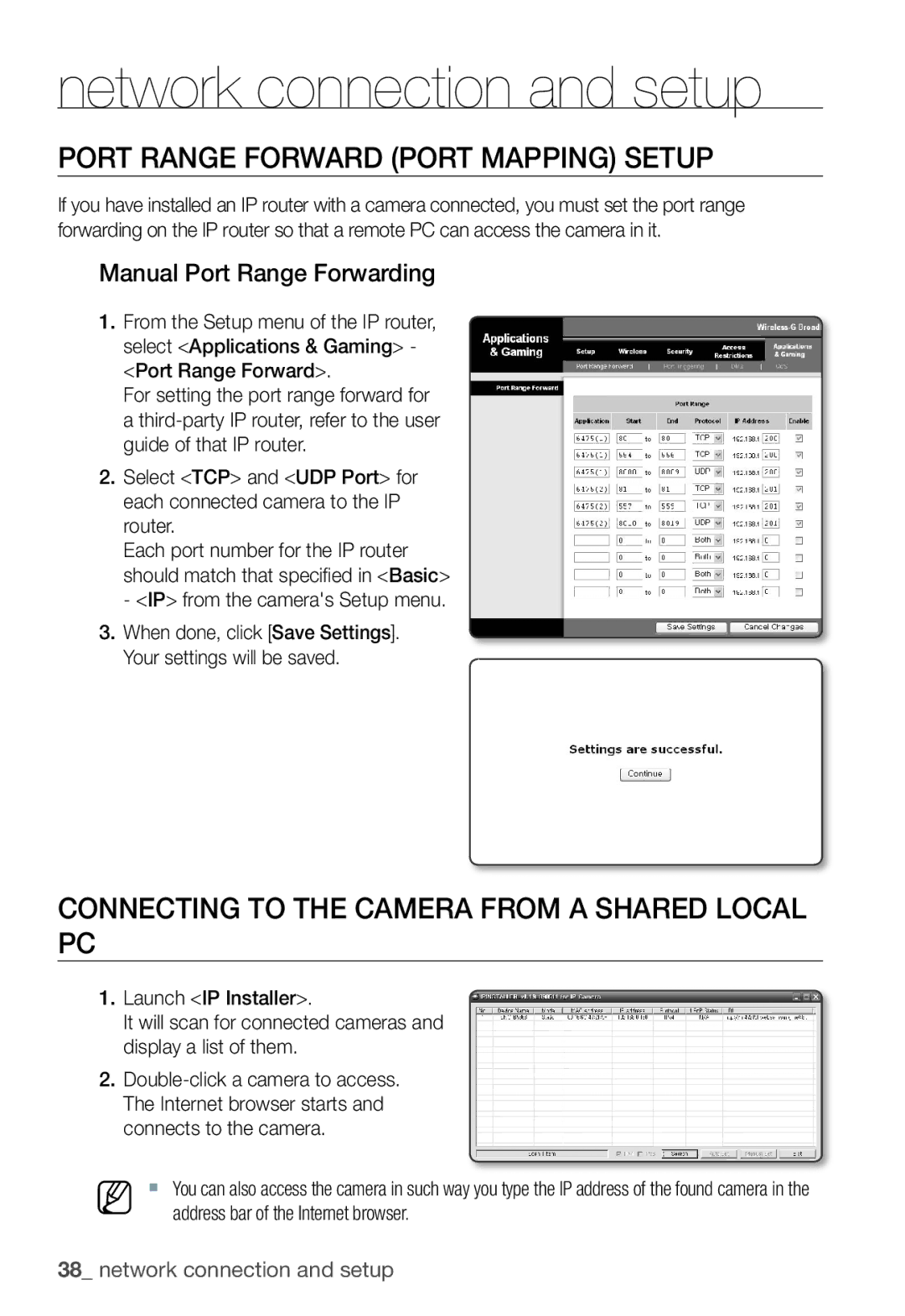 Samsung SNC-B5368P manual Port Range Forward Port Mapping Setup, Connecting to the Camera from a Shared Local PC 