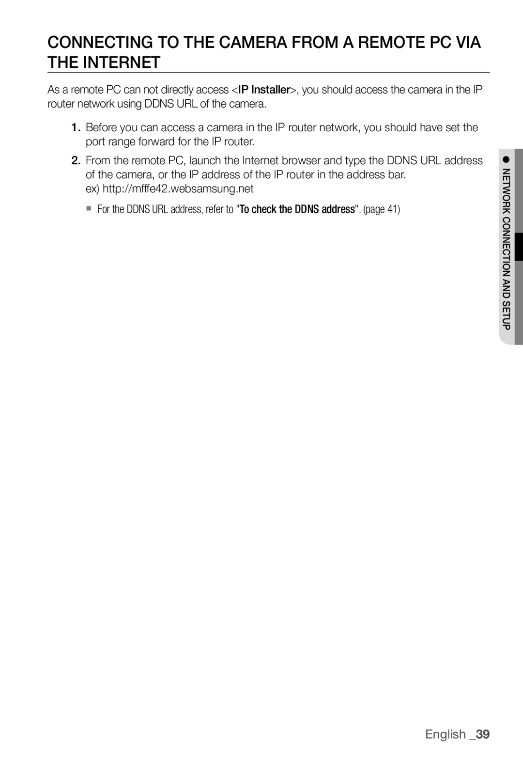 Samsung SNC-B5368P manual Connecting to the Camera from a Remote PC VIA the Internet, Ex http//mfffe42.websamsung.net 