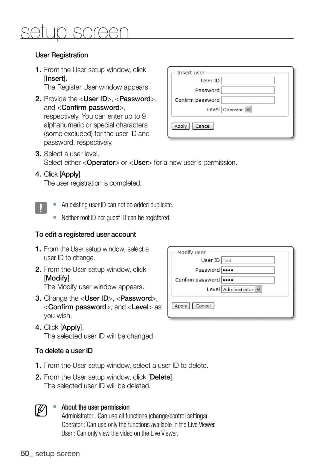 Samsung SNC-B5368P manual Setup screen 