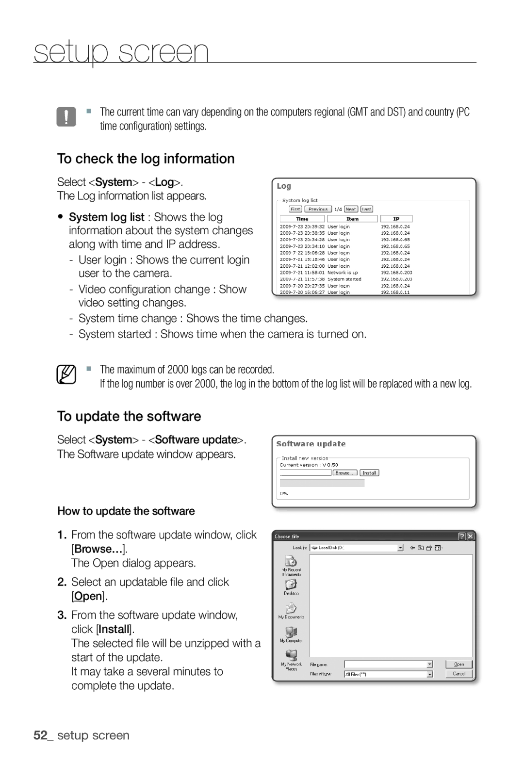 Samsung SNC-B5368P To check the log information, To update the software, Select System Log Log information list appears 