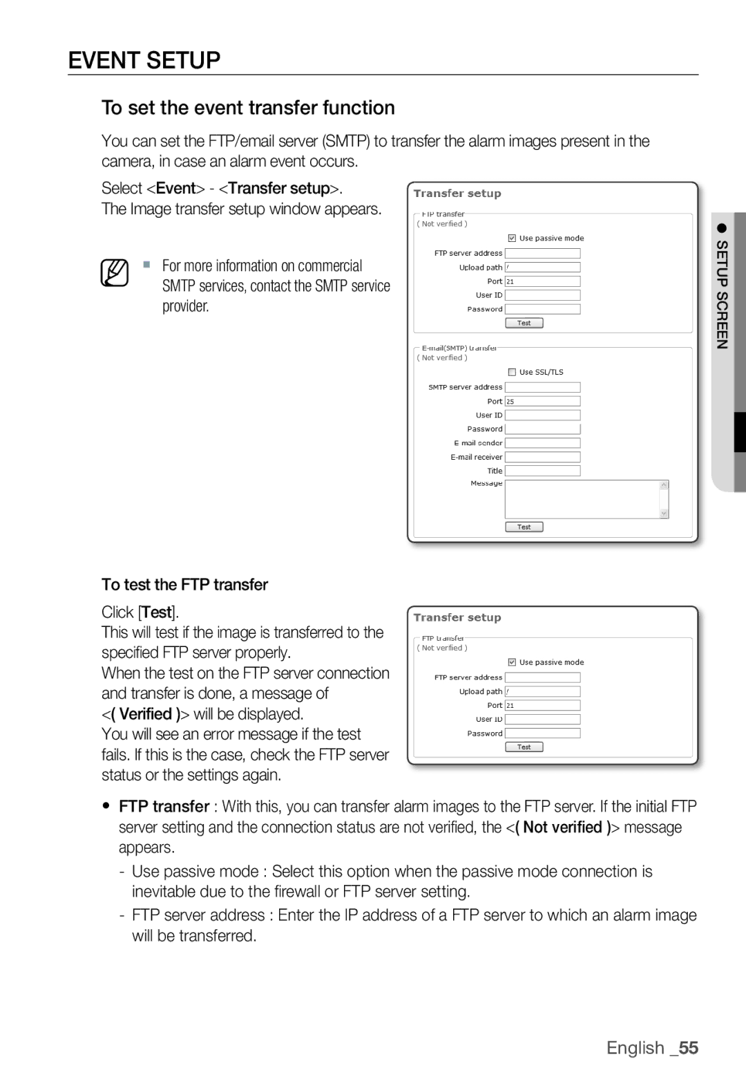 Samsung SNC-B5368P manual Event Setup, To set the event transfer function, To test the FTP transfer Click Test 