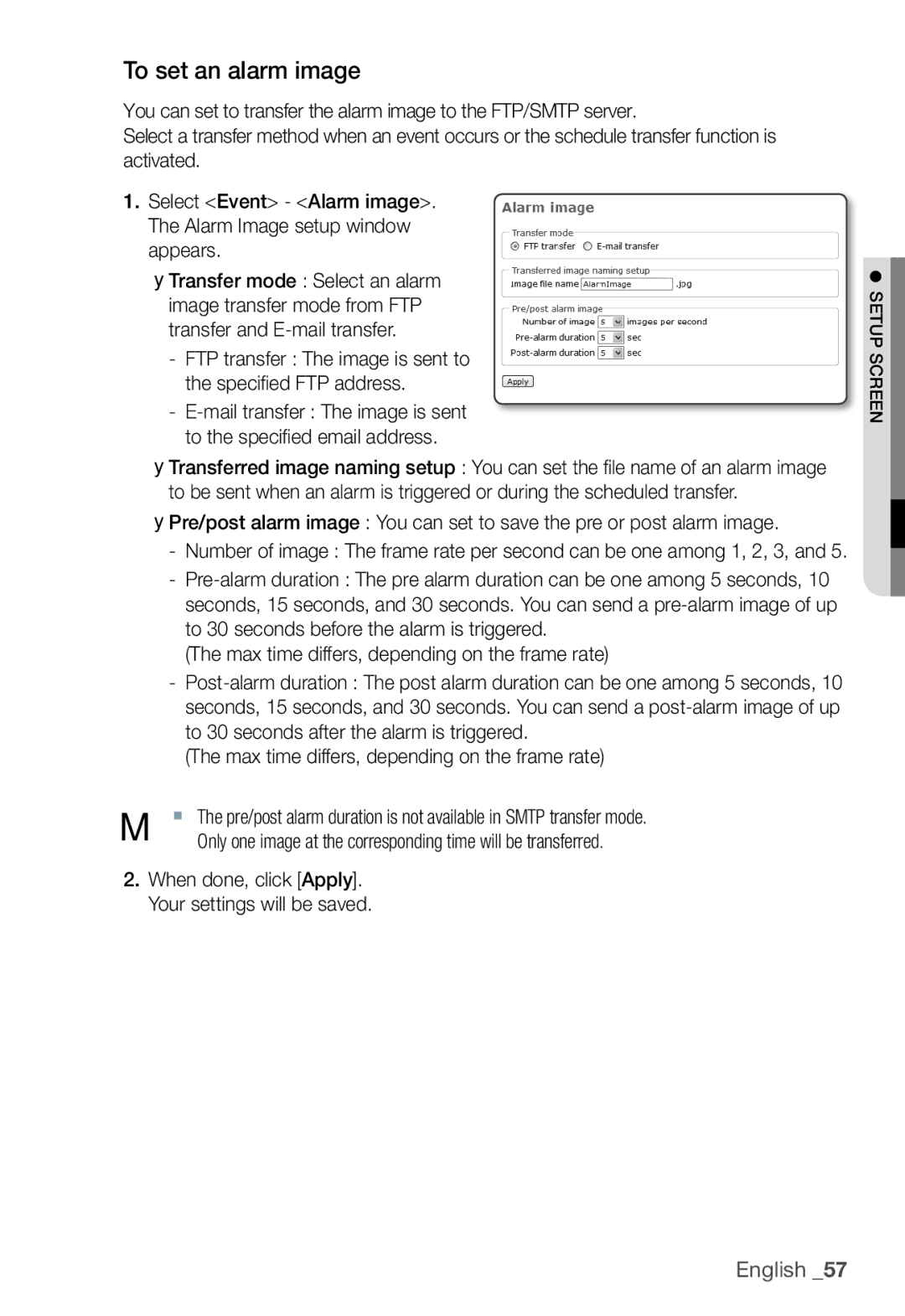 Samsung SNC-B5368P manual To set an alarm image, FTP transfer The image is sent to the speciﬁ ed FTP address 