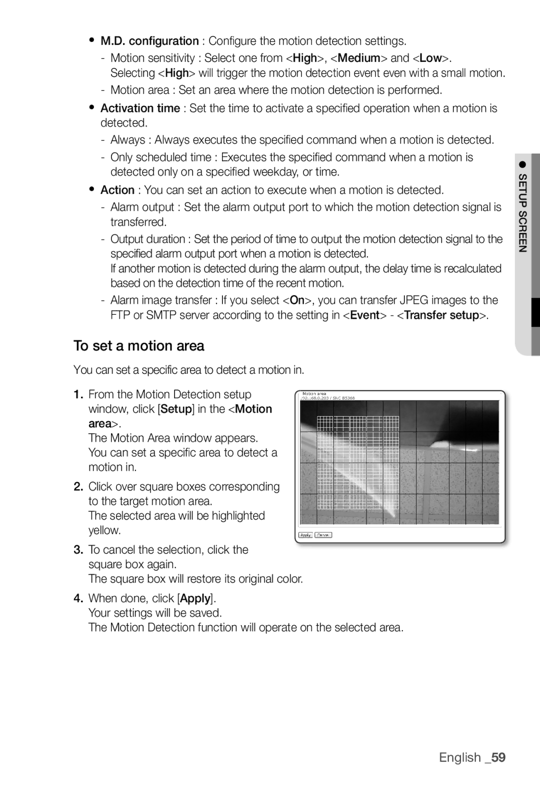 Samsung SNC-B5368P manual To set a motion area, Motion Detection function will operate on the selected area 