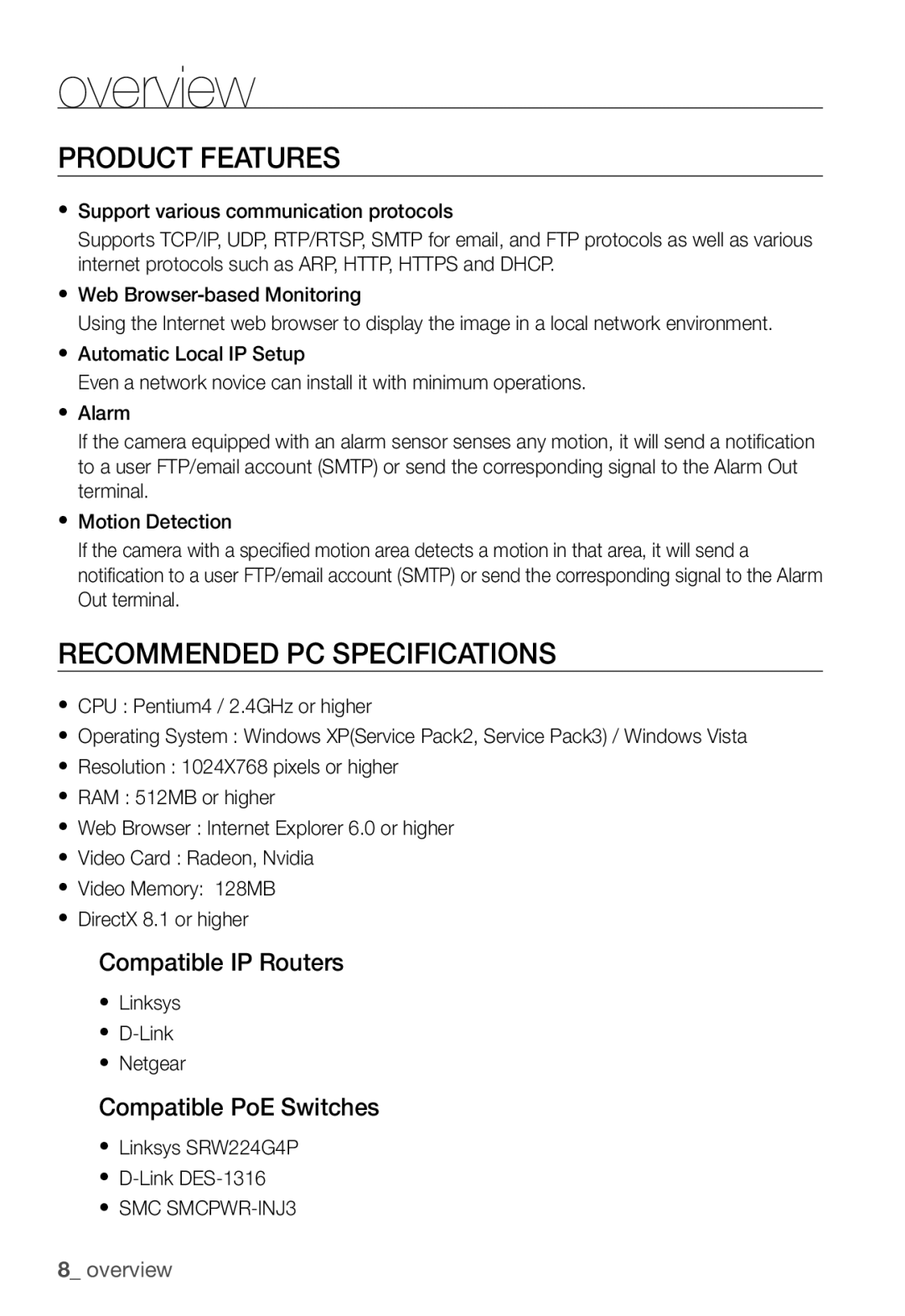 Samsung SNC-B5368P manual Product Features, Recommended PC Specifications, Compatible IP Routers, Compatible PoE Switches 