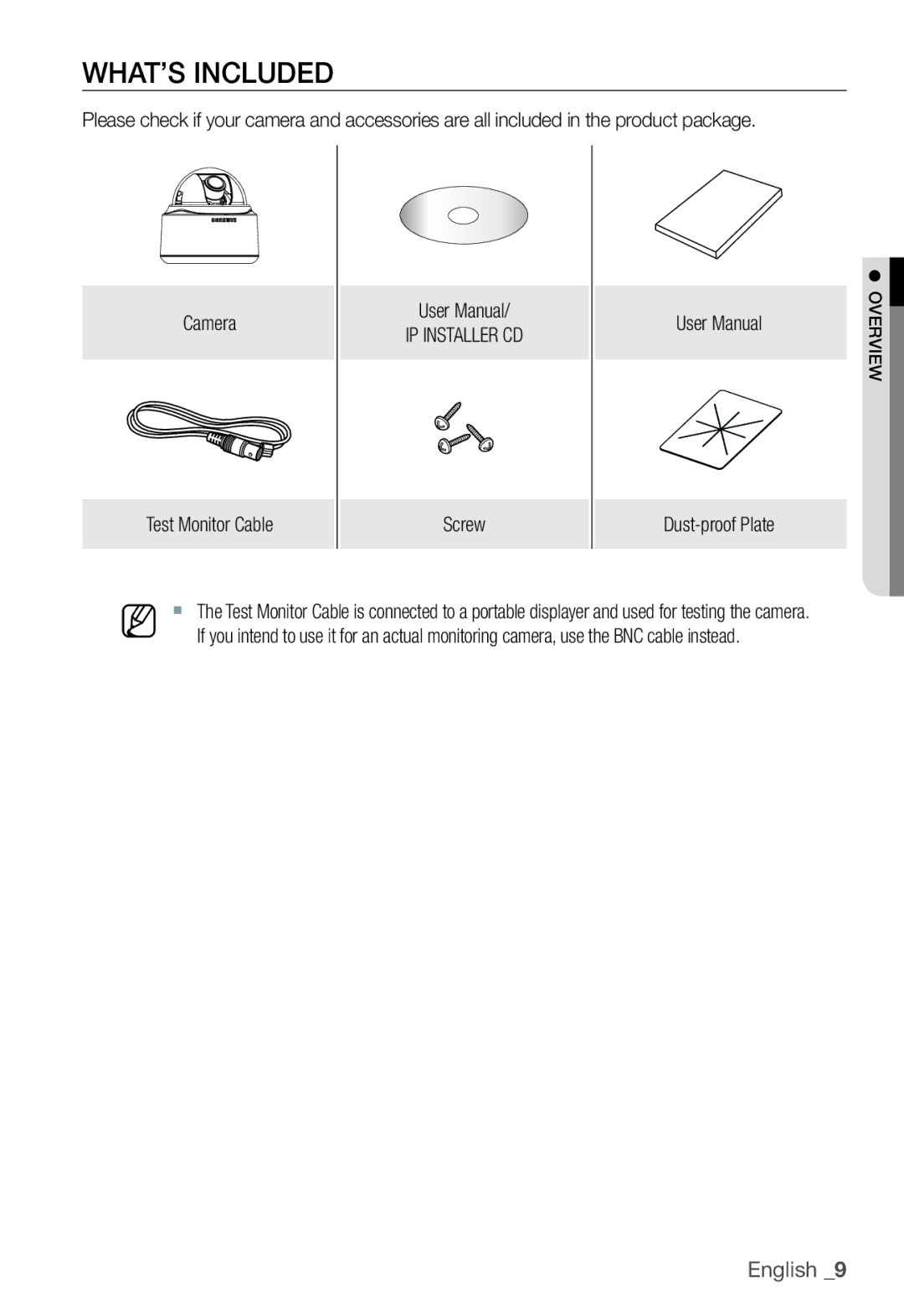 Samsung SNC-B5368P manual WHAT’S Included, IP Installer CD, Screw Dust-proof Plate 