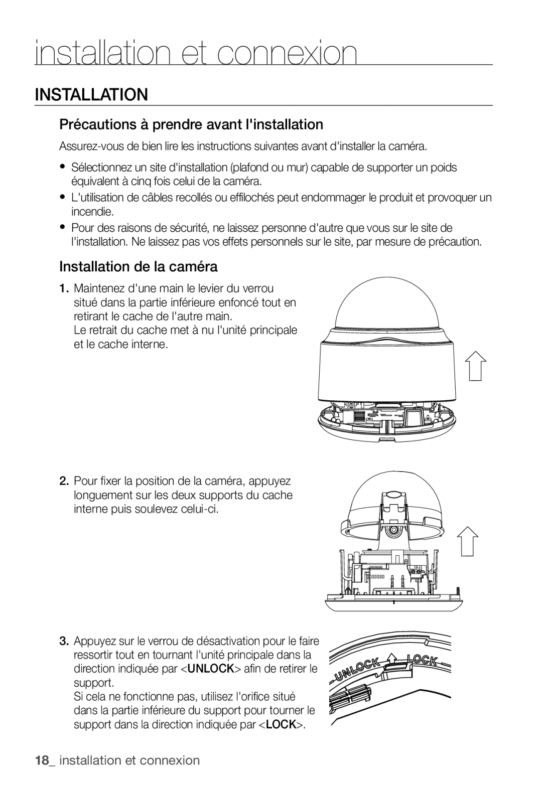 Samsung SNC-B5368P manual Précautions à prendre avant linstallation, Installation de la caméra 