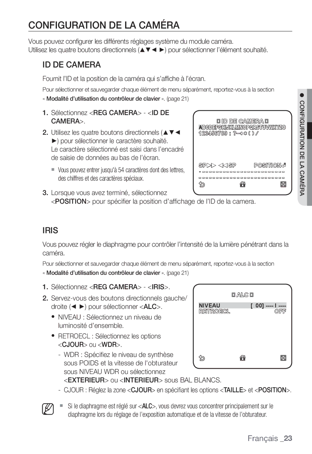 Samsung SNC-B5368P manual Configuration DE LA Caméra, ID DE Camera, Iris 