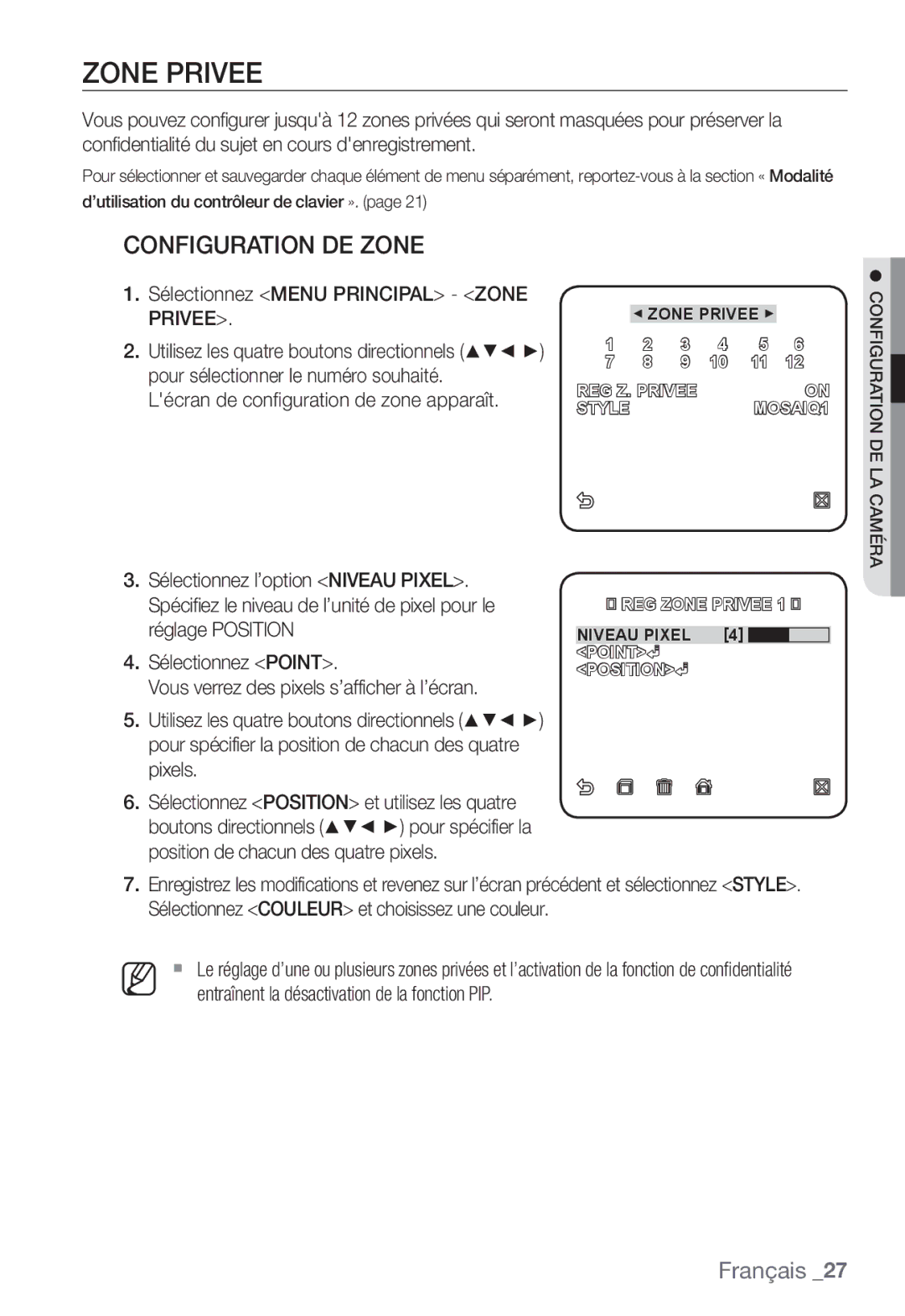 Samsung SNC-B5368P manual Configuration DE Zone, Sélectionnez Menu Principal Zone Privee 