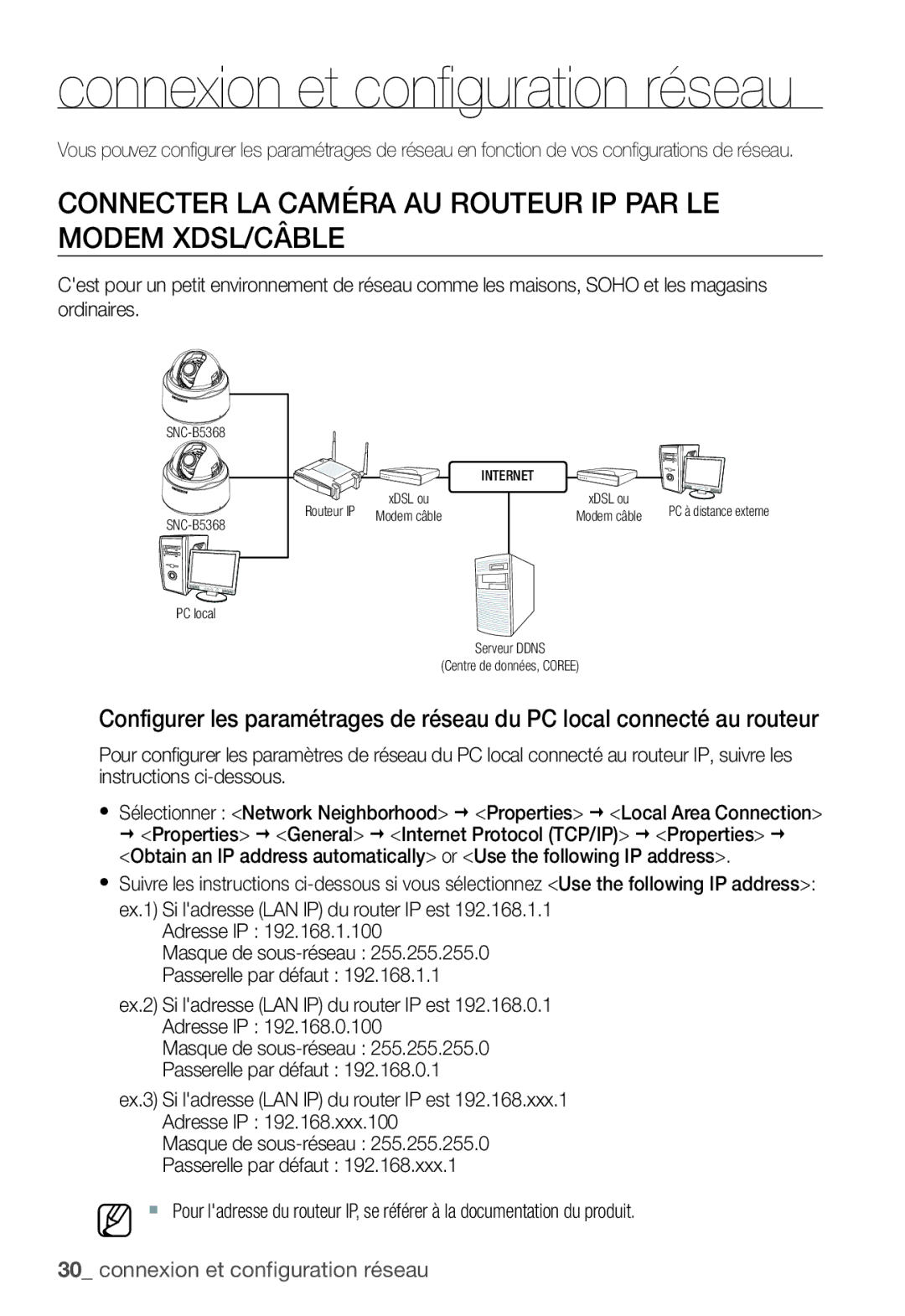 Samsung SNC-B5368P manual Connexion et configuration réseau, Connecter LA Caméra AU Routeur IP PAR LE Modem XDSL/CÂBLE 