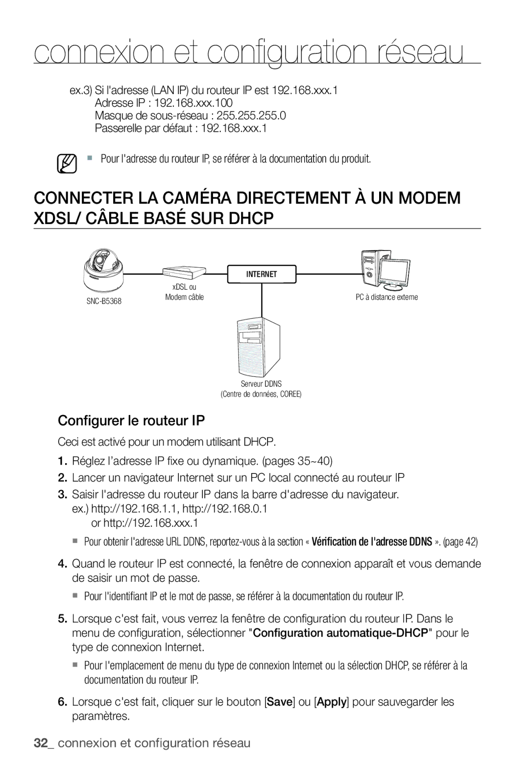 Samsung SNC-B5368P manual Configurer le routeur IP 