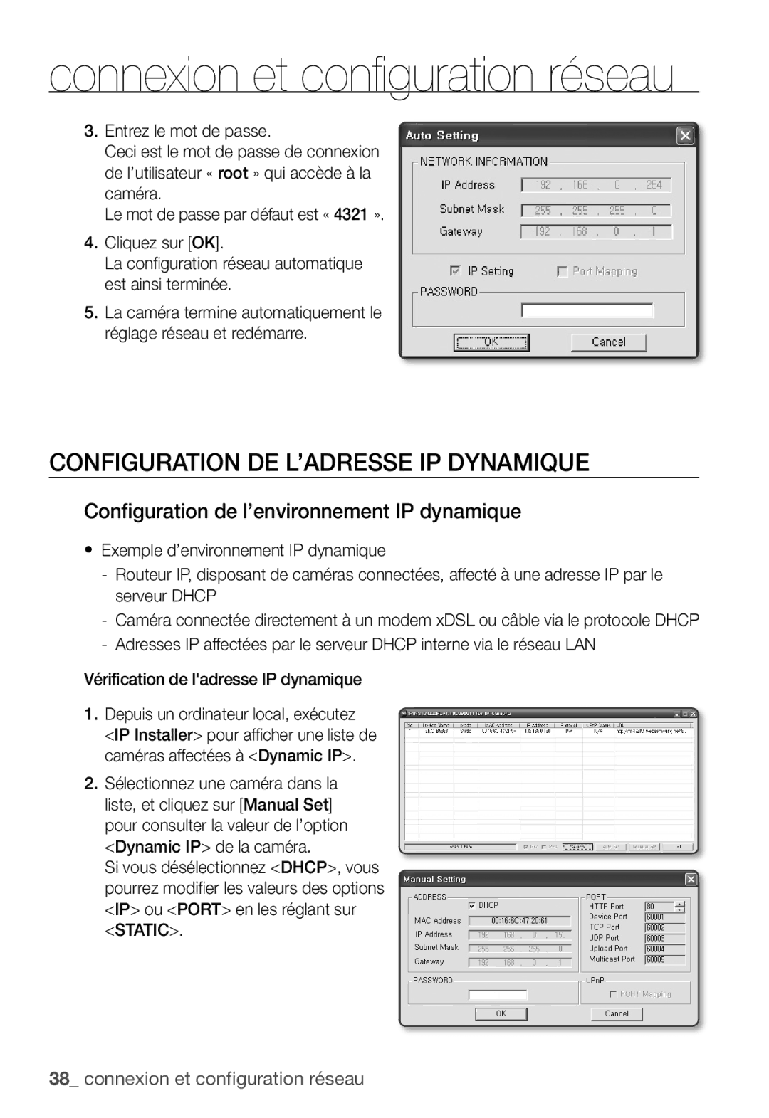 Samsung SNC-B5368P manual Configuration DE L’ADRESSE IP Dynamique, Configuration de l’environnement IP dynamique 