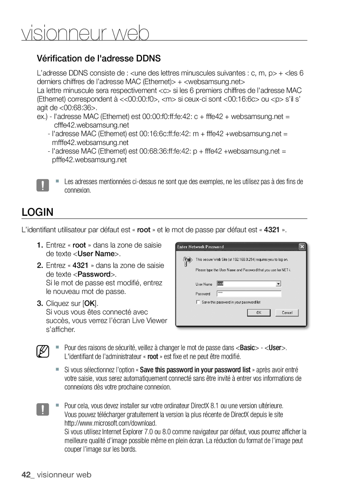 Samsung SNC-B5368P manual Login, Vérification de ladresse Ddns 