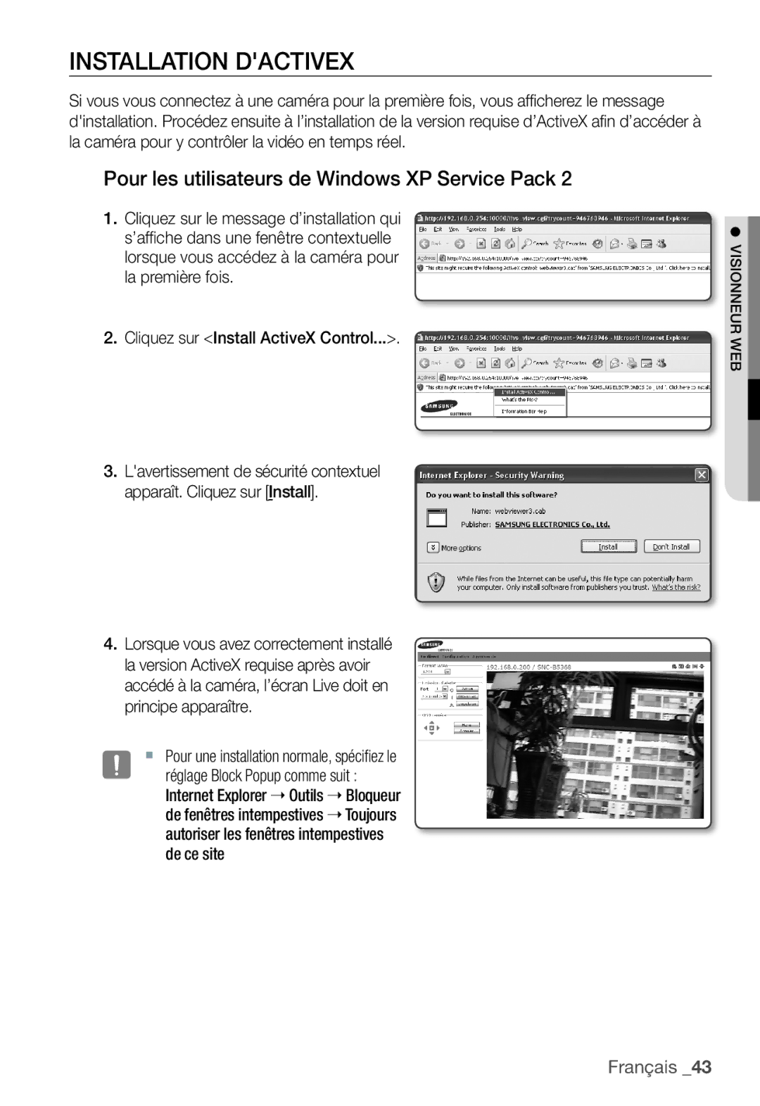 Samsung SNC-B5368P manual Installation Dactivex, Pour les utilisateurs de Windows XP Service Pack 