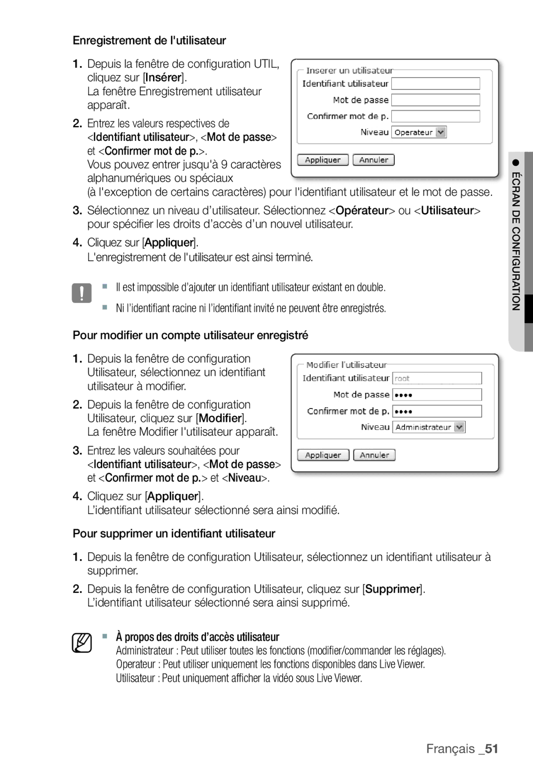 Samsung SNC-B5368P manual  À propos des droits d’accès utilisateur 