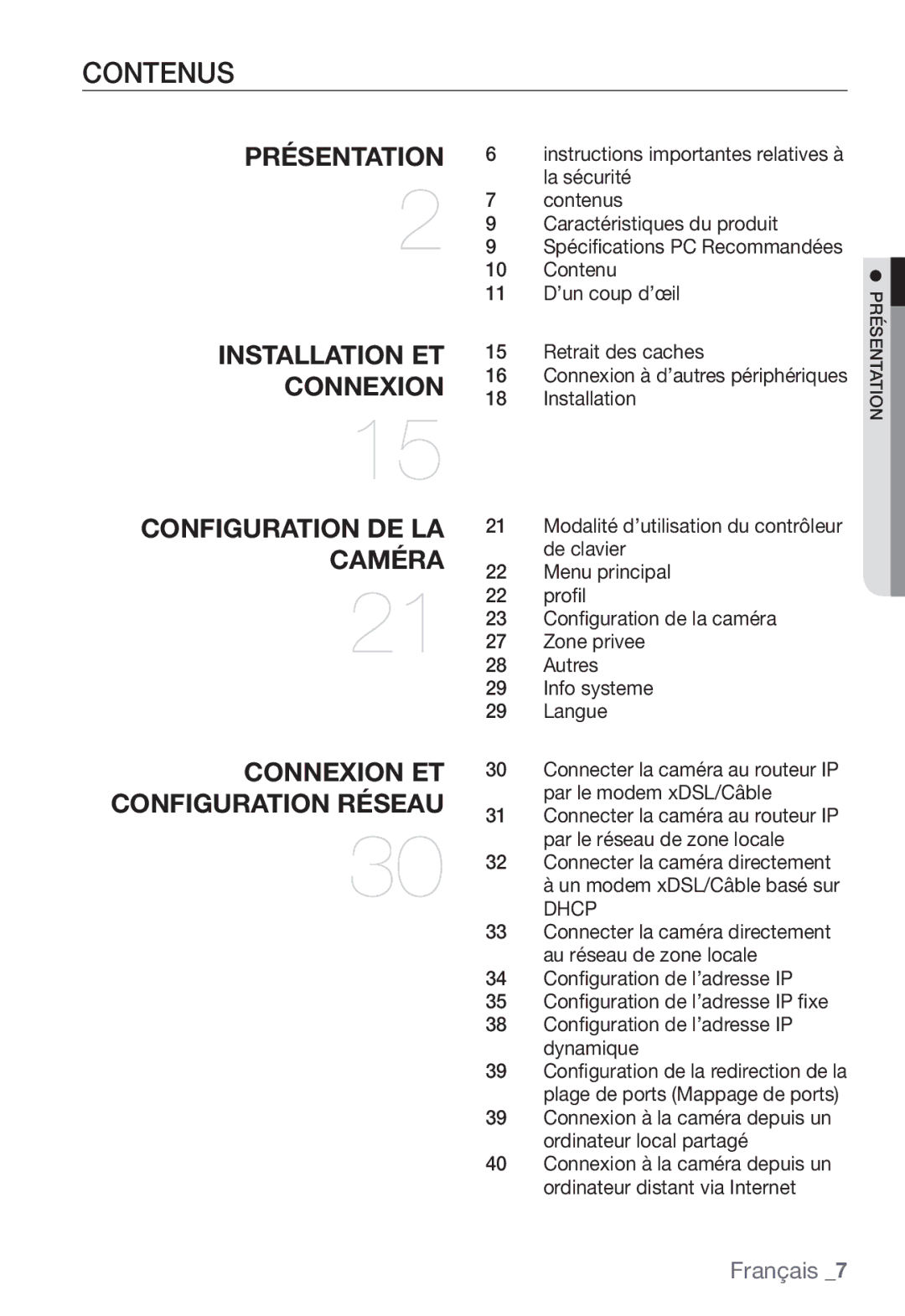 Samsung SNC-B5368P manual Contenus, Dhcp 