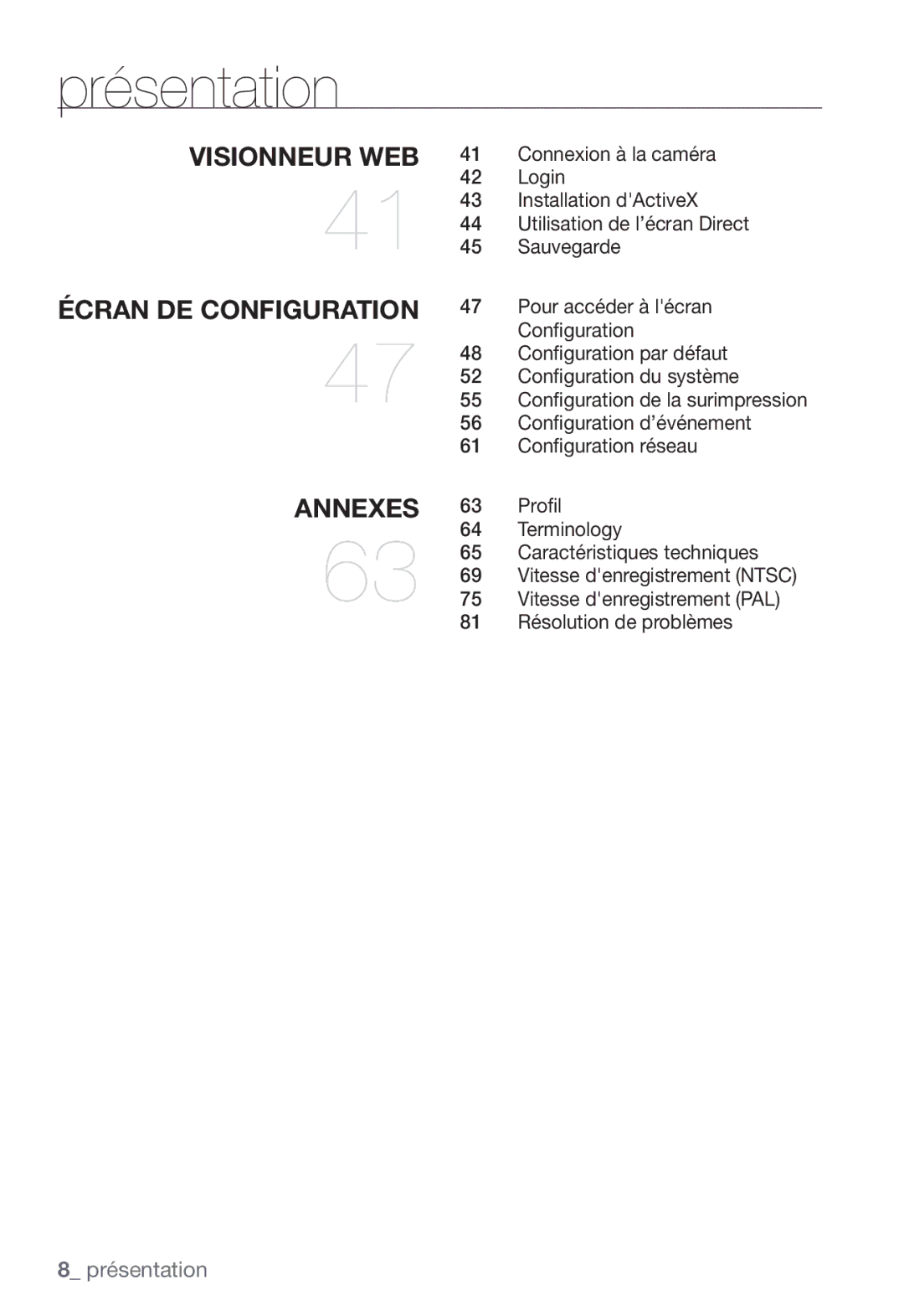 Samsung SNC-B5368P Connexion à la caméra, Login, Installation dActiveX, Utilisation de l’écran Direct, Sauvegarde, Proﬁl 