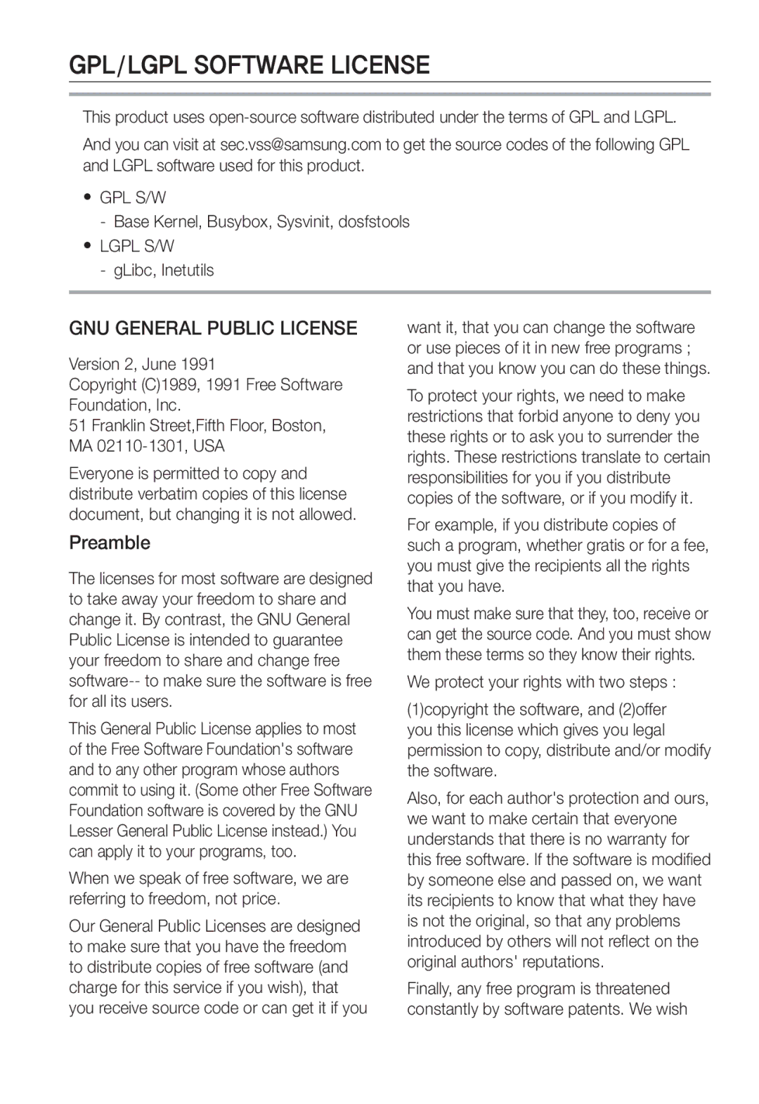 Samsung SNC-B5368P manual GPL/LGPL Software License, GNU General Public License, Preamble 