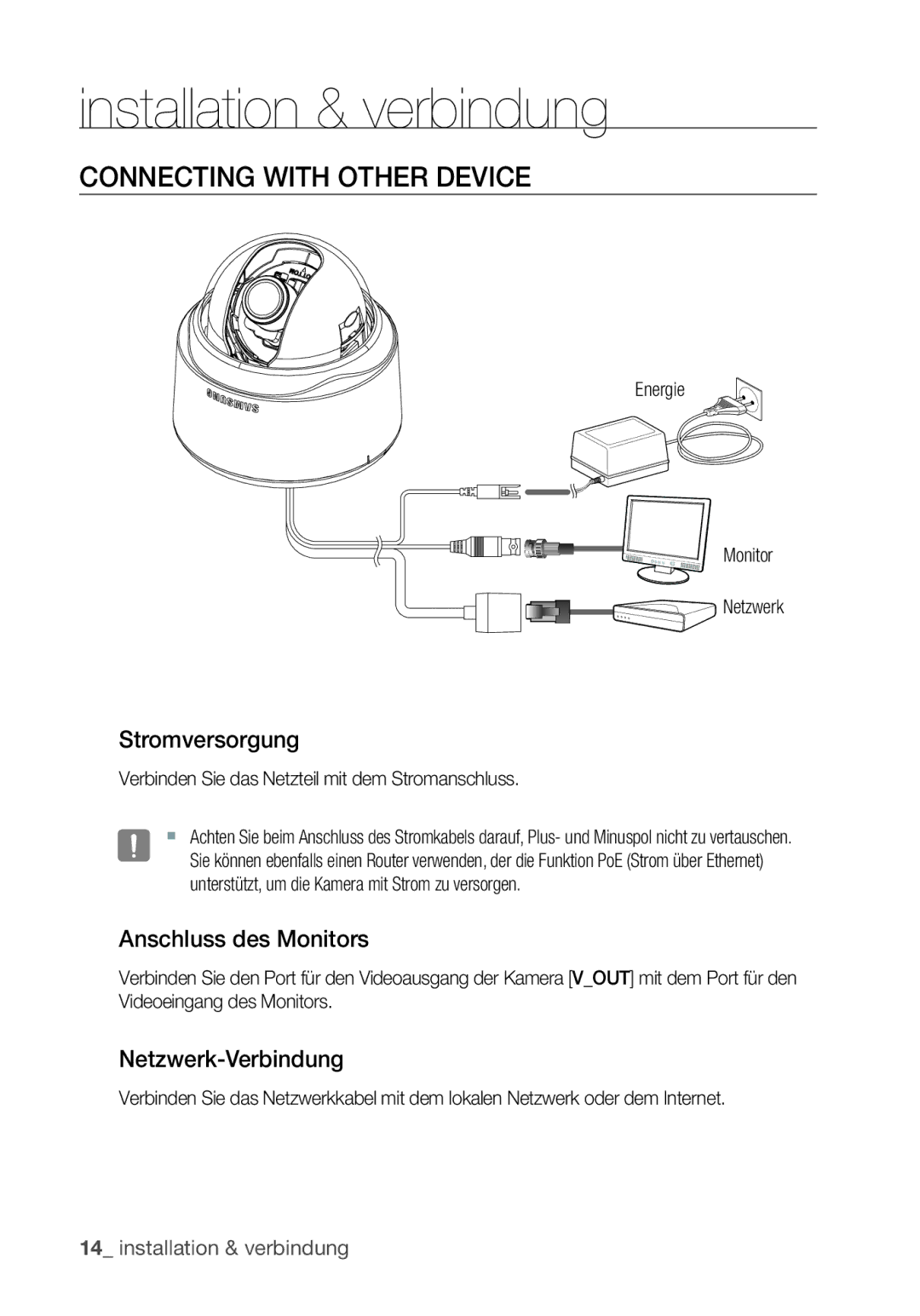 Samsung SNC-B5368P manual Connecting with Other Device, Stromversorgung, Anschluss des Monitors, Netzwerk-Verbindung 