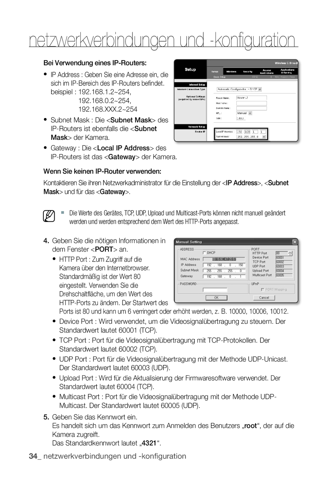 Samsung SNC-B5368P manual Bei Verwendung eines IP-Routers, Geben Sie die nötigen Informationen in dem Fenster Port an 