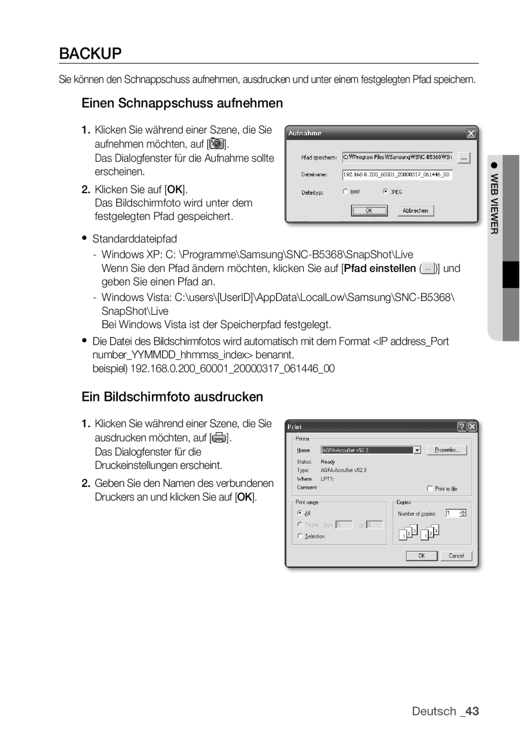 Samsung SNC-B5368P manual Backup, Einen Schnappschuss aufnehmen, Ein Bildschirmfoto ausdrucken 