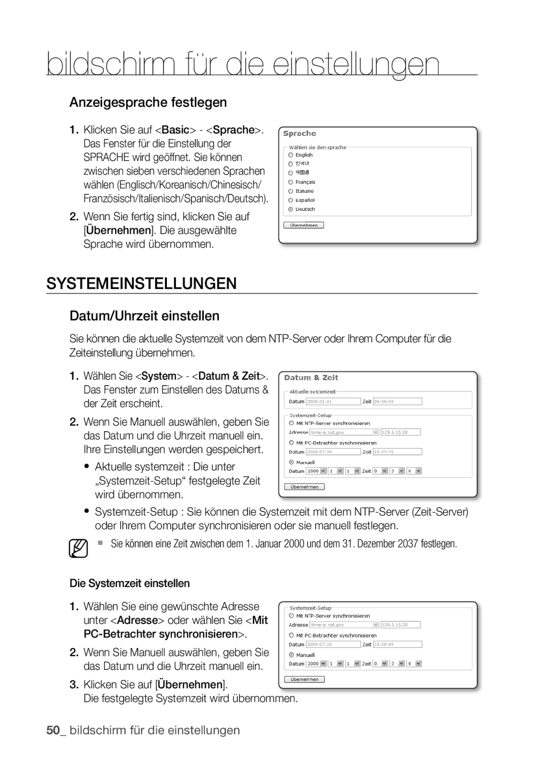 Samsung SNC-B5368P Systemeinstellungen, Anzeigesprache festlegen, Datum/Uhrzeit einstellen, Die Systemzeit einstellen 