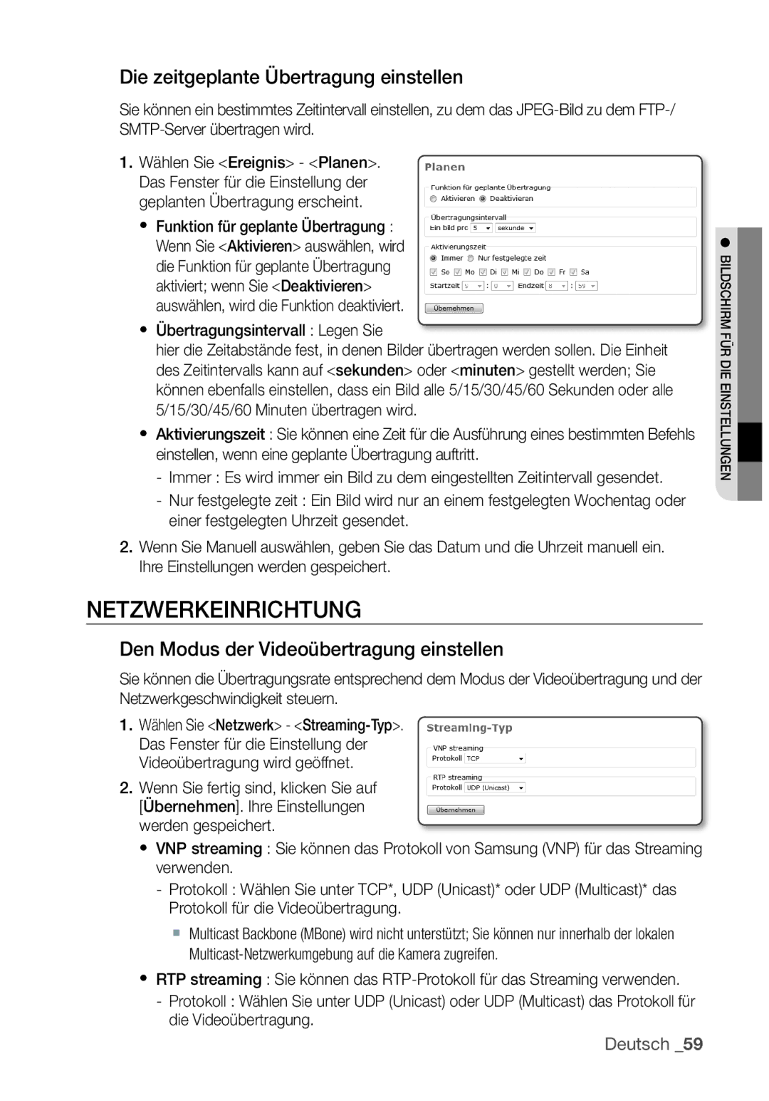 Samsung SNC-B5368P Netzwerkeinrichtung, Die zeitgeplante Übertragung einstellen, Den Modus der Videoübertragung einstellen 